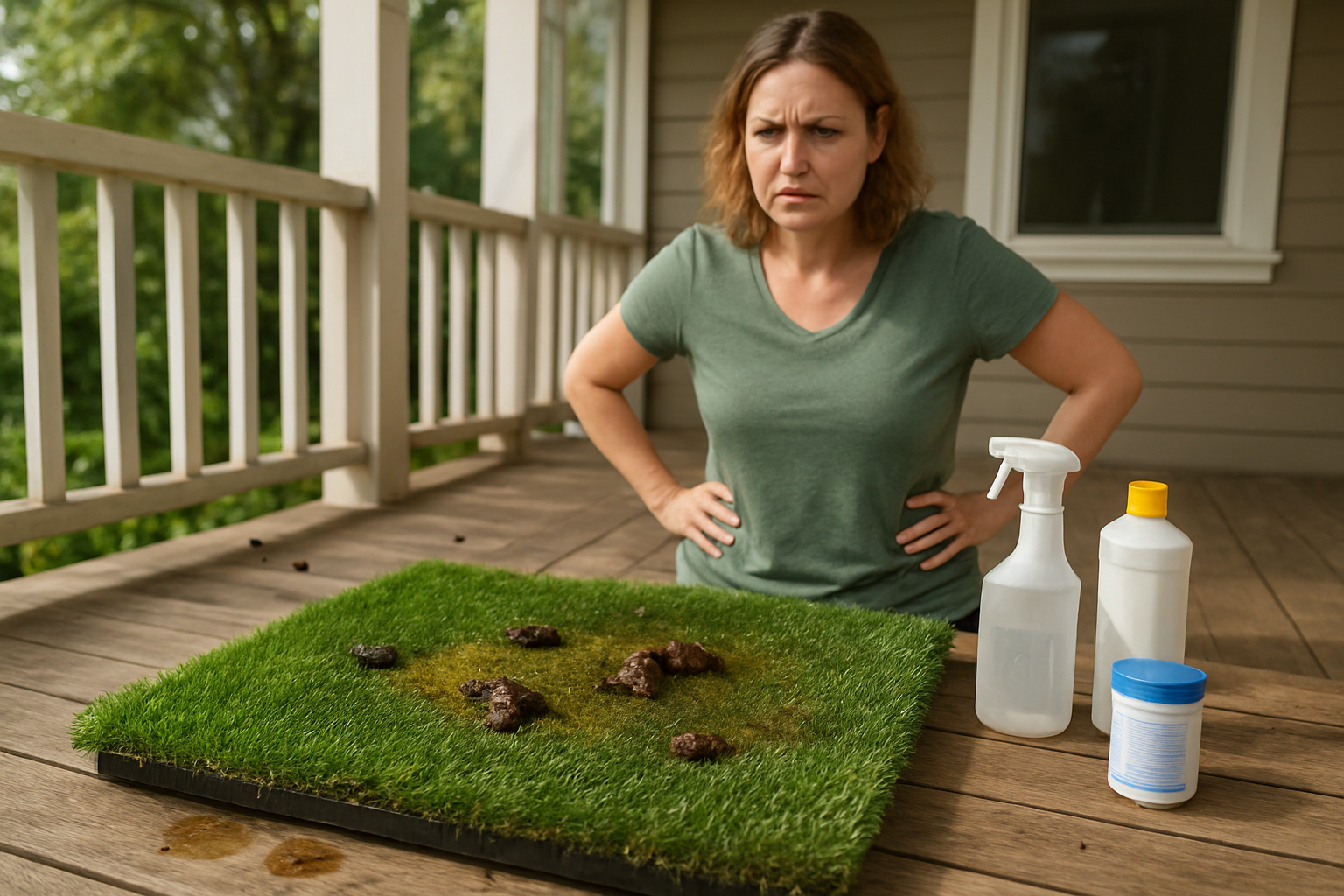 Create a realistic image of a porch potty setup showing visible problems and challenges, featuring a small artificial grass pad or turf on a wooden deck with scattered pet waste that hasn't been cleaned properly, wet spots indicating drainage issues, brown or yellowing patches on the fake grass, a spray bottle and cleaning supplies nearby suggesting frequent maintenance needs, flies or insects buzzing around the soiled area, and a concerned-looking white female dog owner in the background observing the messy situation with a frustrated expression, all set on a residential porch with natural daylight casting shadows that emphasize the unkempt condition of the potty area. Absolutely NO text should be in the scene.