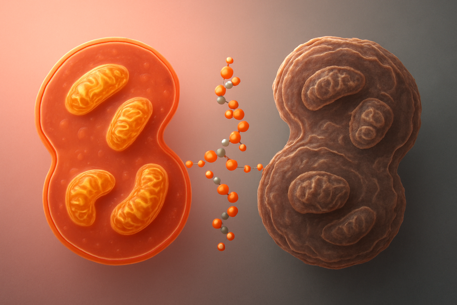 Create a realistic image of a split-screen composition showing cellular aging comparison, with the left side displaying healthy vibrant cells with smooth cellular membranes and bright mitochondria, and the right side showing aged damaged cells with wrinkled membranes and dim mitochondria, connected by a stylized insulin molecule in the center, set against a soft gradient background from healthy pink to aged gray, with warm scientific lighting that emphasizes the contrast between cellular health and deterioration, absolutely NO text should be in the scene.