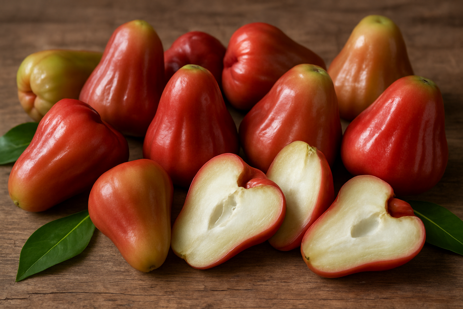 Create a realistic image of a collection of fresh rose apple fruits arranged on a rustic wooden surface, showcasing their distinctive bell-shaped form and waxy skin in various shades from pale green to deep pink-red, with some fruits cut in half to reveal their crisp white flesh and hollow seed cavity, surrounded by a few green leaves, shot in natural daylight with soft shadows that highlight the fruits' unique glossy texture and distinctive characteristics, absolutely NO text should be in the scene.