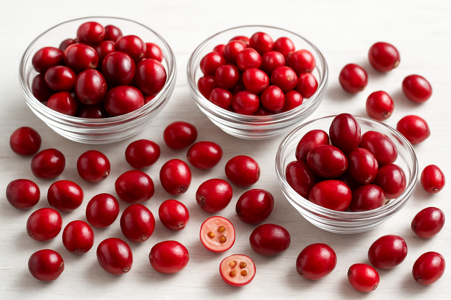 Create a realistic image of various cranberry varieties displayed side by side showing different types including American cranberries, European cranberries, and hybrid varieties with distinct size, color, and shape differences, arranged on a clean white wooden surface with some varieties in small glass bowls and others scattered naturally, bright natural lighting from above creating soft shadows, close-up detailed view showing the glossy red surfaces and subtle variations in crimson tones, fresh and vibrant appearance with some cranberries cut in half to show interior, minimalist background with soft focus, absolutely NO text should be in the scene.