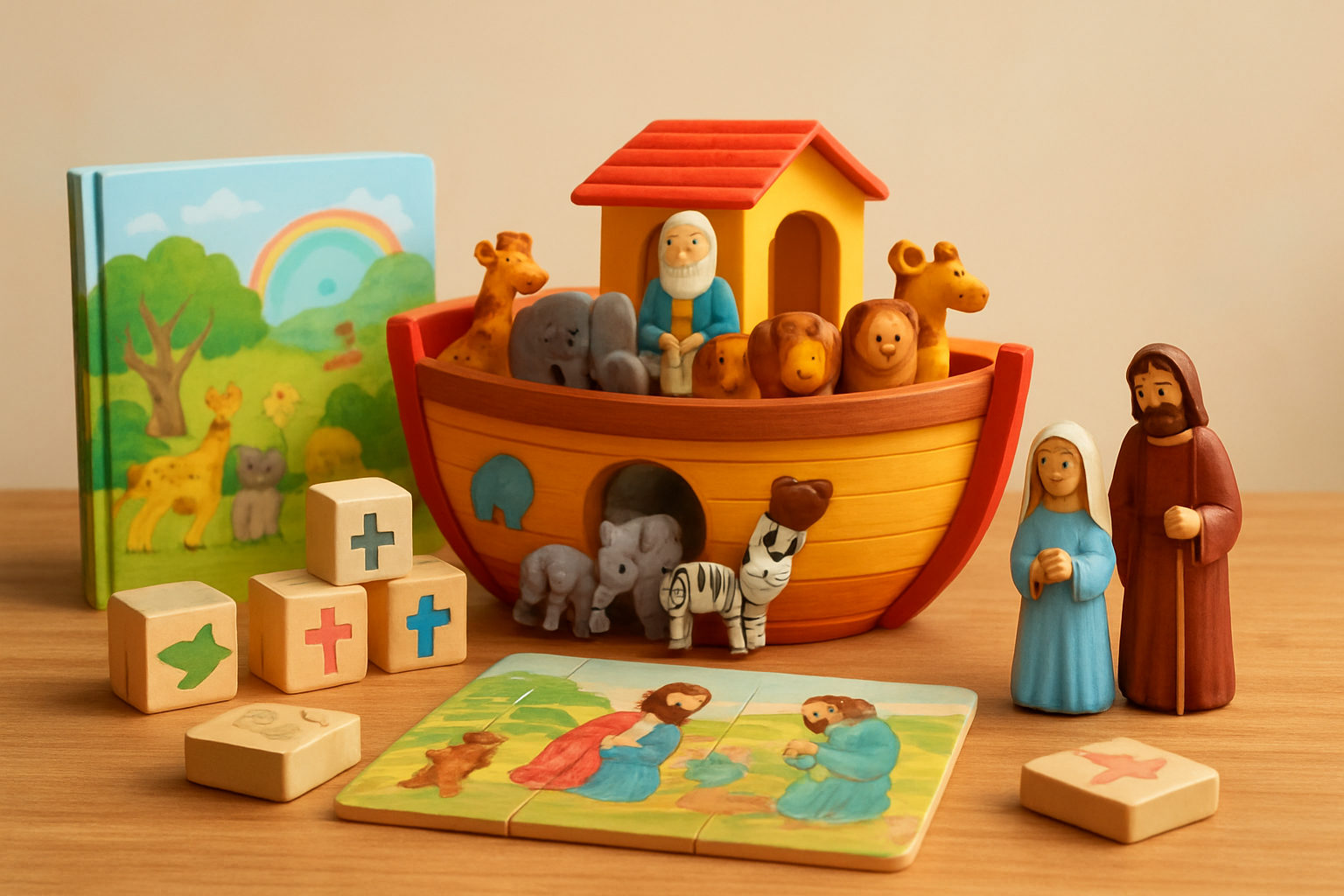 Create a realistic image of a collection of educational Christian toys arranged on a wooden table including a colorful Noah's ark playset with animal pairs, illustrated children's Bible storybooks, wooden building blocks with biblical symbols like crosses and doves, a puzzle featuring Bible stories, and religious action figures, all displayed in warm natural lighting with a soft pastel background, creating a cheerful and inviting atmosphere perfect for children's learning and play, absolutely NO text should be in the scene.