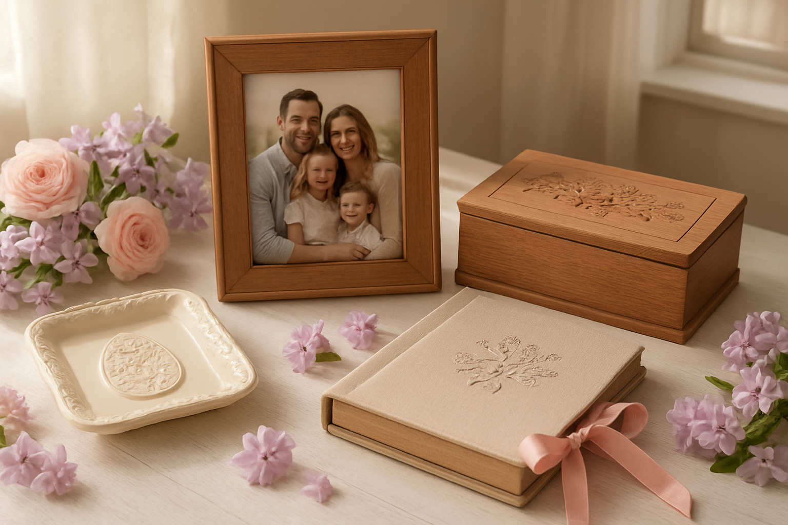 Create a realistic image of elegant Easter keepsake gifts arranged on a white wooden table, featuring a beautiful photo frame with family pictures, a custom engraved jewelry box with delicate floral patterns, a handcrafted memory book with pastel ribbons, and a decorative ceramic keepsake dish, surrounded by soft pink and lavender Easter flowers, with warm natural lighting streaming through a window creating gentle shadows, capturing a cozy and sentimental atmosphere that evokes cherished family memories, absolutely NO text should be in the scene.