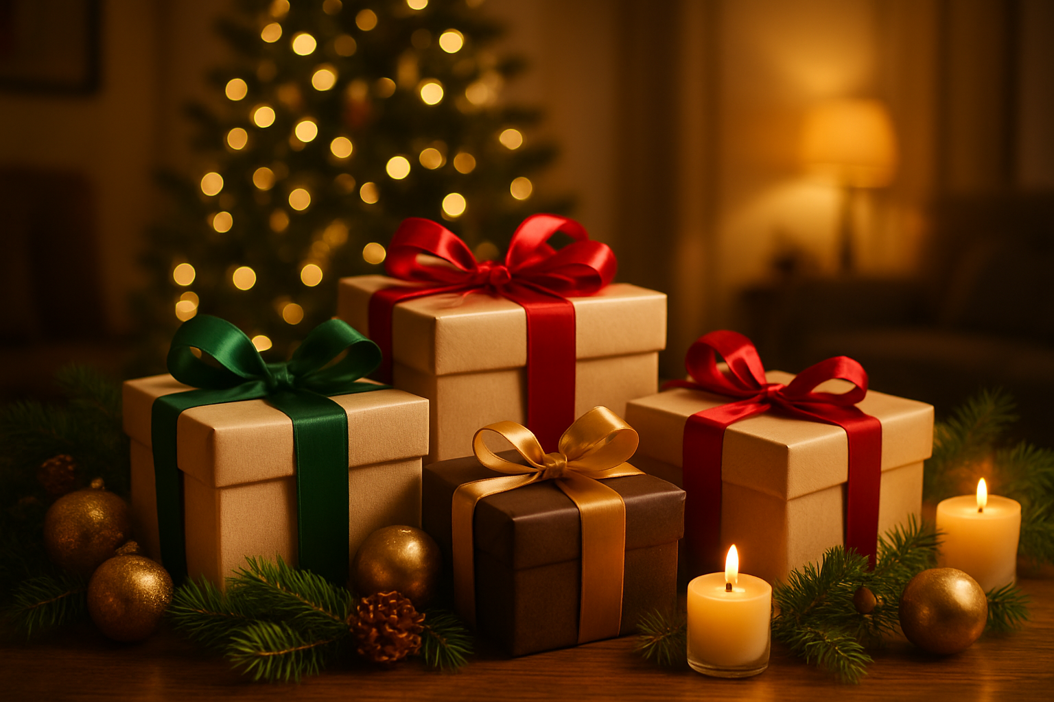 Create a realistic image of beautifully wrapped Christmas presents in elegant gift boxes with colorful ribbons and bows arranged on a wooden table, surrounded by festive decorations including pine branches, golden ornaments, and warm candlelight, with a cozy living room background featuring a Christmas tree with twinkling lights, conveying a warm and caring holiday atmosphere with soft golden lighting. Absolutely NO text should be in the scene.