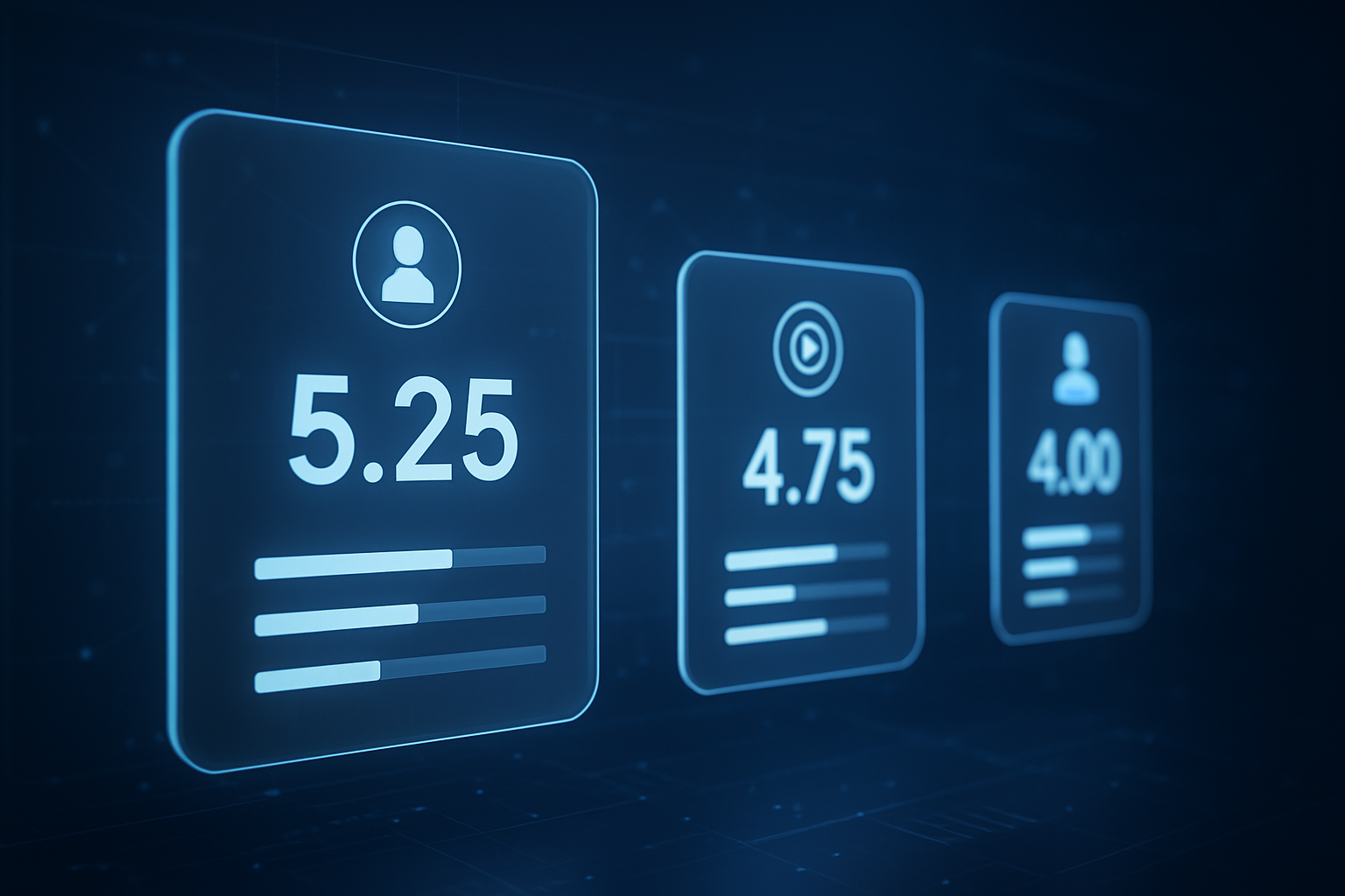Create a realistic image of a modern digital interface showing an auction-style bidding system with multiple advertisers competing, featuring floating transparent panels displaying bid amounts, audience targeting icons, and performance metrics, set against a sleek dark blue background with subtle network connections and data visualization elements, illuminated by soft blue and white digital lighting that creates a professional tech atmosphere, absolutely NO text should be in the scene.