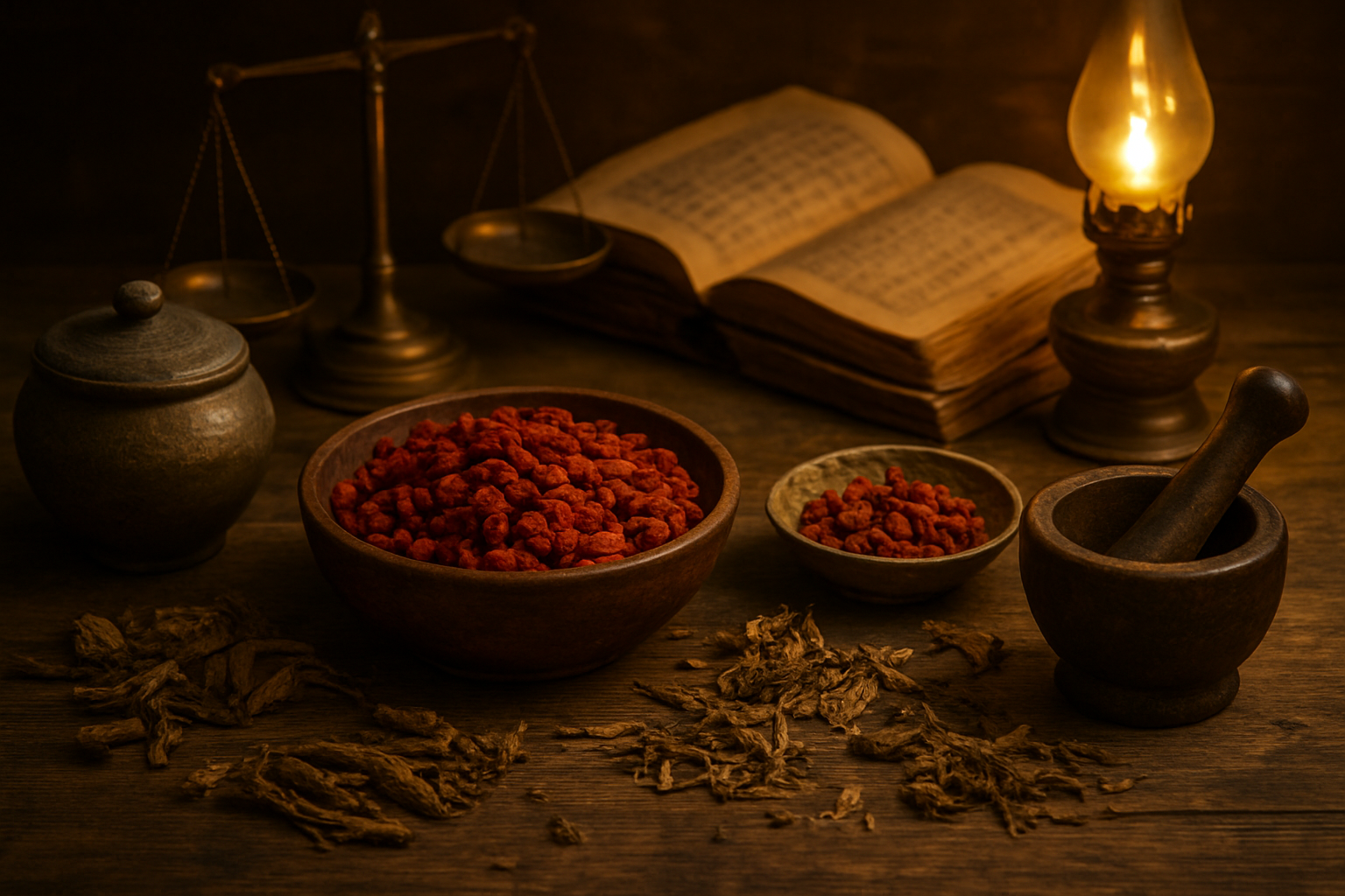 Create a realistic image of an ancient Chinese medicine scene featuring dried goji berries in traditional wooden bowls and ceramic containers, alongside vintage brass scales, old medicinal texts with worn pages, traditional mortar and pestle, dried herbs scattered on a weathered wooden table, warm golden lighting from an oil lamp, creating an authentic historical atmosphere of traditional herbal medicine practice, absolutely NO text should be in the scene.