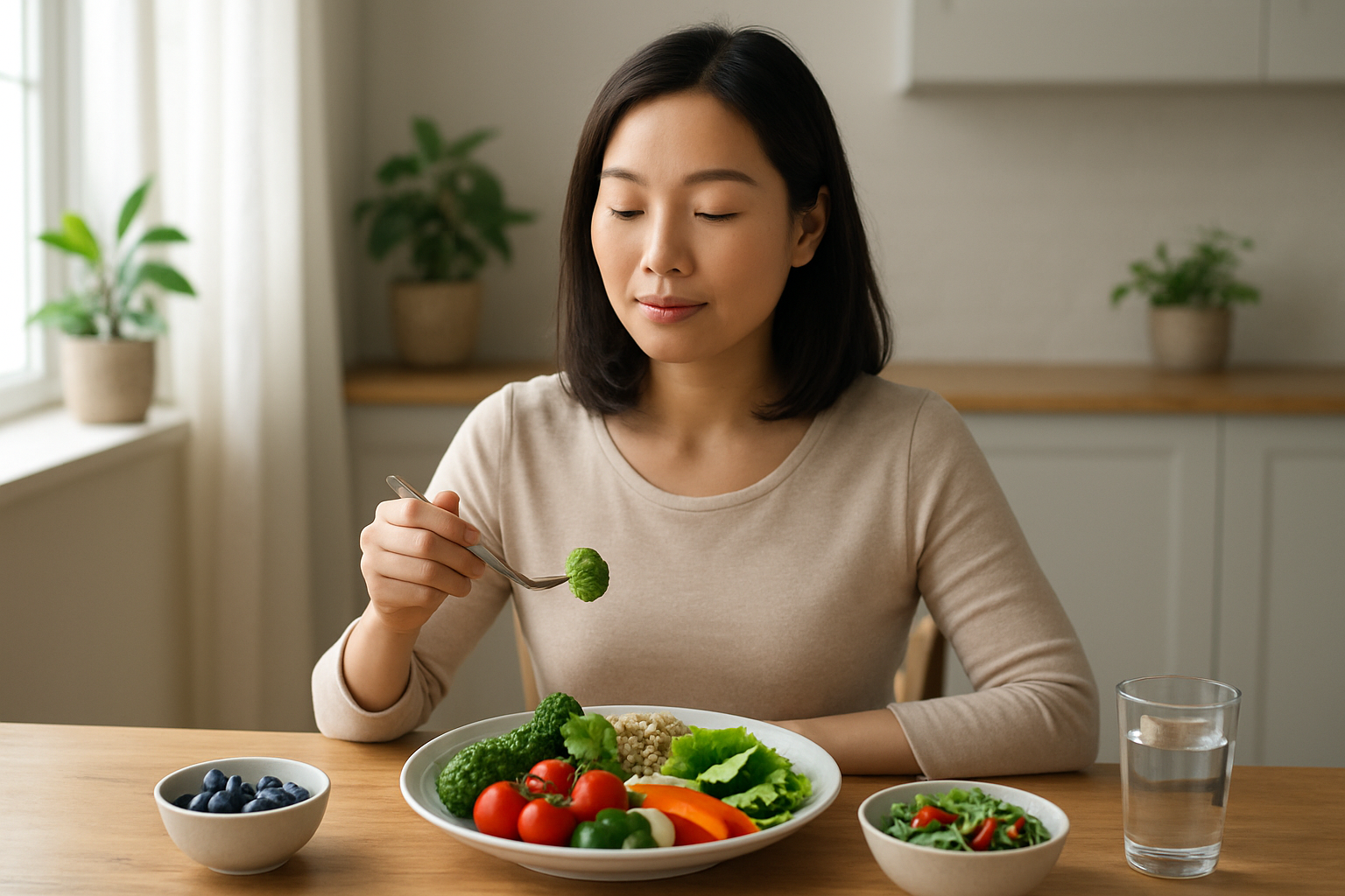 Create a realistic image of a serene Asian female in her 30s sitting at a wooden dining table with a healthy, colorful meal including fresh vegetables, fruits, and whole grains, eating slowly with a peaceful expression, soft natural lighting streaming through a window, minimalist kitchen background with plants, conveying a sense of calm mindfulness and sustainable healthy eating habits, Absolutely NO text should be in the scene.
