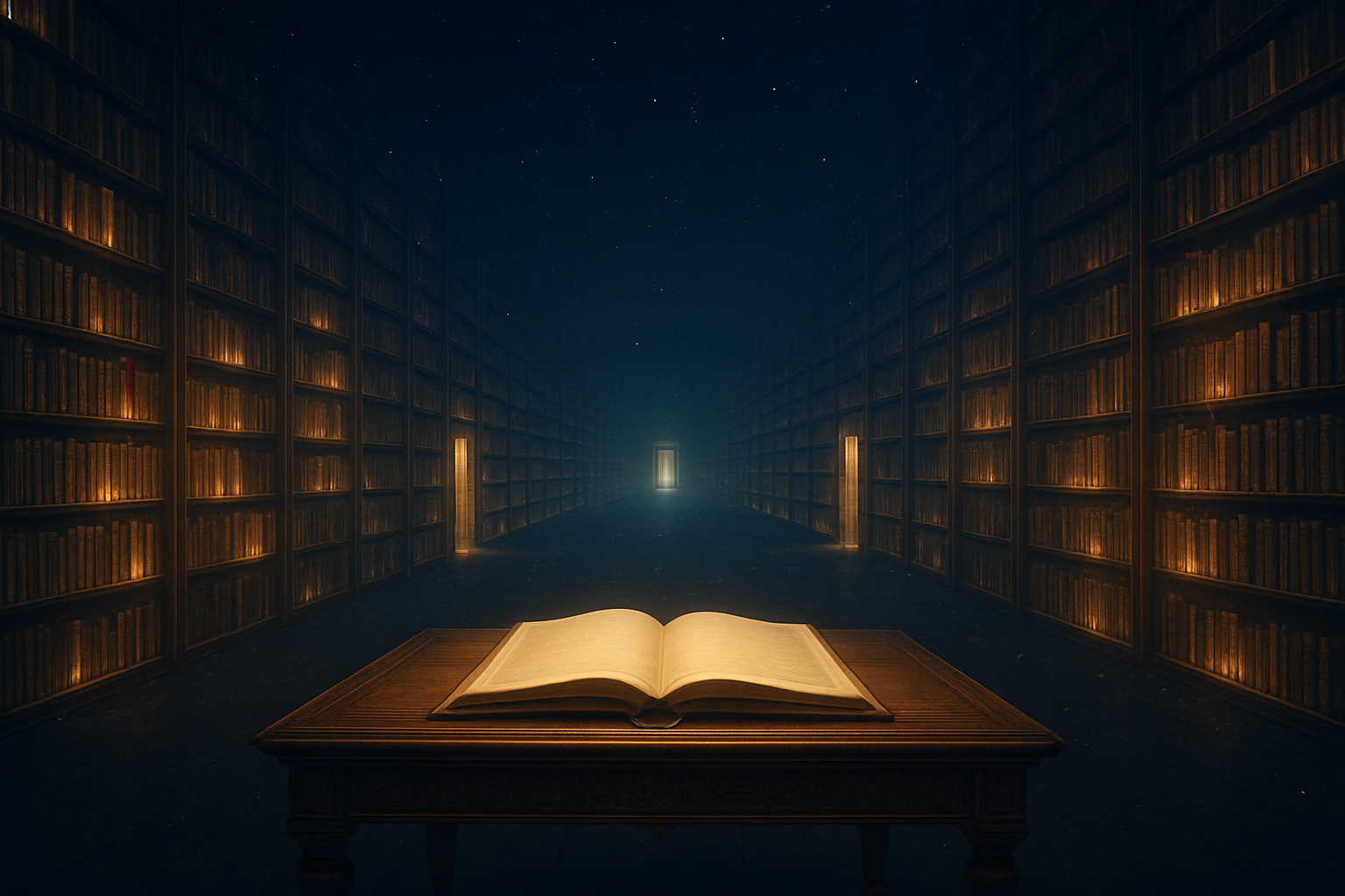 Create a realistic image of an infinite library stretching into the distance with countless glowing bookshelves creating perspective lines, warm golden light emanating from the books themselves, a single ornate wooden reading table in the foreground with an open book showing blank pages, multiple doorways between the shelves glowing with soft ethereal light suggesting different life paths, the scene has a dreamy midnight atmosphere with deep blue and gold tones, floating particles of light scattered throughout the air, the overall mood is hopeful and contemplative suggesting infinite possibilities and new beginnings, shot from a low angle to emphasize the vastness and endless nature of the space, absolutely NO text should be in the scene.