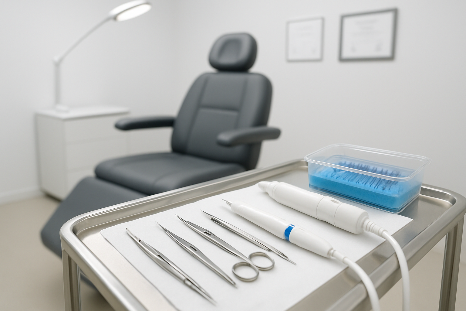 Create a realistic image of a modern medical consultation room showing hair transplant equipment and tools on a sterile metal tray, including microsurgical instruments, forceps, and implantation devices, with a professional medical chair in the background, clean white walls, bright clinical lighting, and a subtle view of medical certificates on the wall, conveying a professional healthcare environment focused on hair restoration procedures, absolutely NO text should be in the scene.