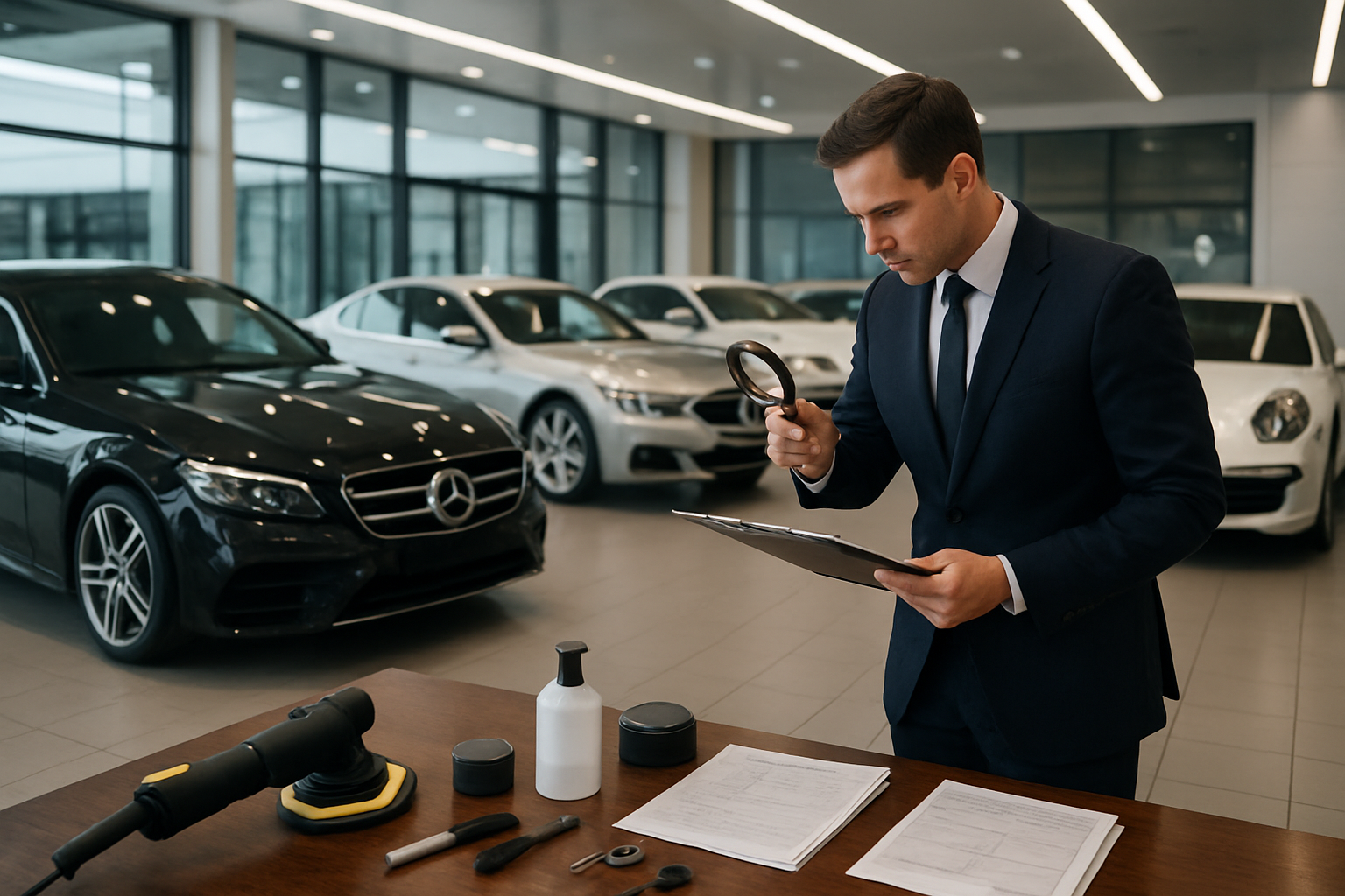 Create a realistic image of a pristine luxury car showroom with multiple high-end vehicles including a sleek black Mercedes-Benz, silver BMW, and white Porsche positioned under bright professional lighting, with a well-dressed white male car appraiser in a business suit examining a luxury sedan with a clipboard and magnifying glass, surrounded by maintenance tools, car detailing supplies, and service records scattered on a polished desk, set against a modern dealership background with glass windows and contemporary architecture, conveying a professional automotive evaluation atmosphere. Absolutely NO text should be in the scene.