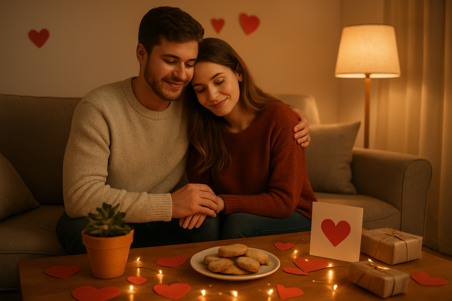 Create a realistic image of a cozy indoor scene featuring a young white couple sitting together on a living room couch, surrounded by budget-friendly Valentine's Day elements including handmade paper hearts, a small potted plant instead of expensive flowers, homemade cookies on a simple plate, fairy string lights creating warm ambient lighting, a handwritten card, and a few small wrapped gifts made from brown paper, all arranged on a coffee table, with soft warm lighting from a nearby lamp creating an intimate and romantic atmosphere, shot from a slight distance to capture the full scene, absolutely NO text should be in the scene.