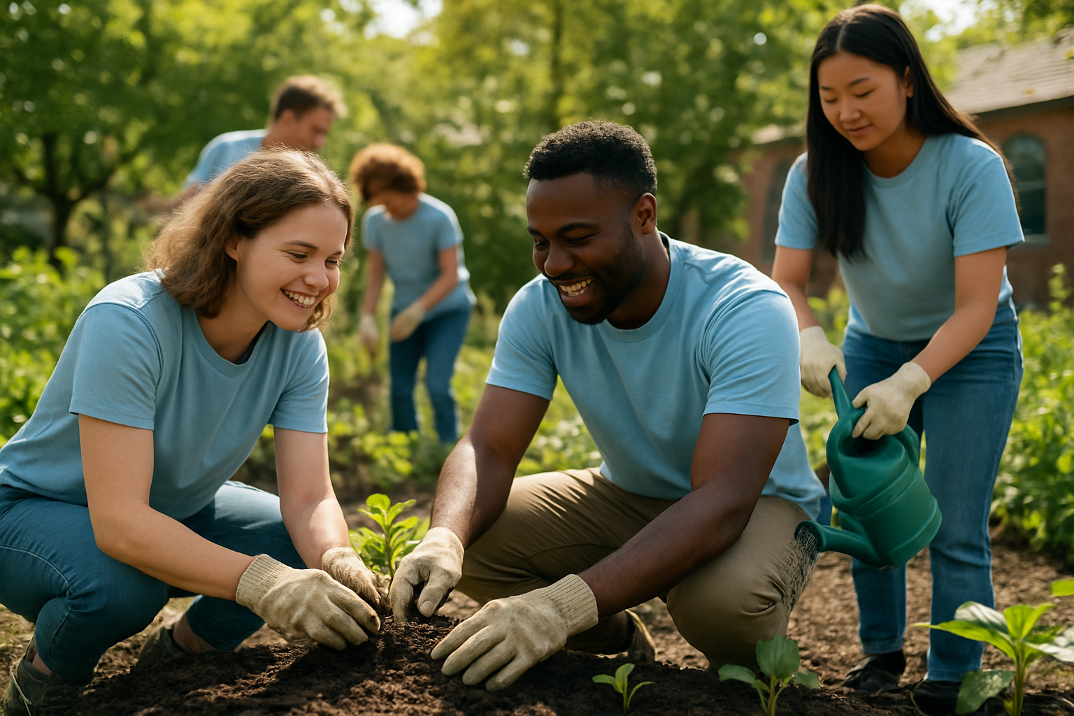 Create a realistic image of a diverse group of people volunteering together in a community garden setting, showing a white female and black male planting seedlings while an Asian female waters plants nearby, with other volunteers working in the background, bright natural daylight, warm and collaborative atmosphere, people wearing casual volunteer t-shirts and gardening gloves, lush green plants and garden tools scattered around, community building visible in soft focus background, conveying teamwork and civic engagement. Absolutely NO text should be in the scene.