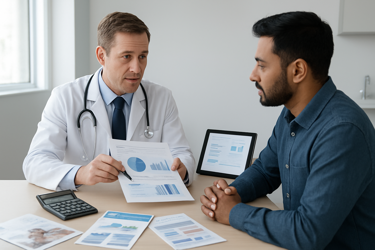 Create a realistic image of a modern medical consultation room with a white male doctor in professional attire sitting at a sleek desk showing financial documents and cost breakdown charts to a South Asian male patient, with a calculator, medical brochures, and financing pamphlets spread across the desk, complemented by a tablet displaying payment plan options, set against a clean clinical background with soft natural lighting from a window, conveying a professional and trustworthy atmosphere for medical financial consultation, absolutely NO text should be in the scene.