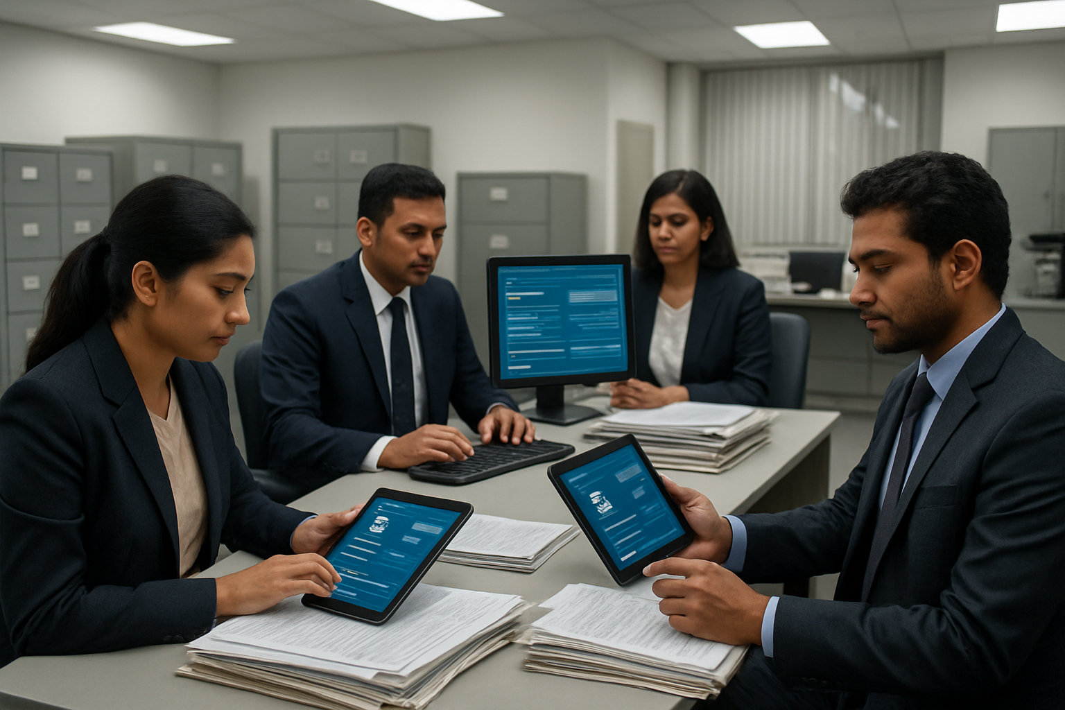 Create a realistic image of Indian government officials in a modern office setting processing digital payments on computers and tablets, with stacks of official documents and forms on desks, bank transfer screens visible on monitors showing transaction details, a diverse group including both male and female South Asian professionals wearing formal business attire, bright fluorescent office lighting, filing cabinets and government office furniture in the background, creating a professional administrative atmosphere focused on financial disbursement processes, absolutely NO text should be in the scene.