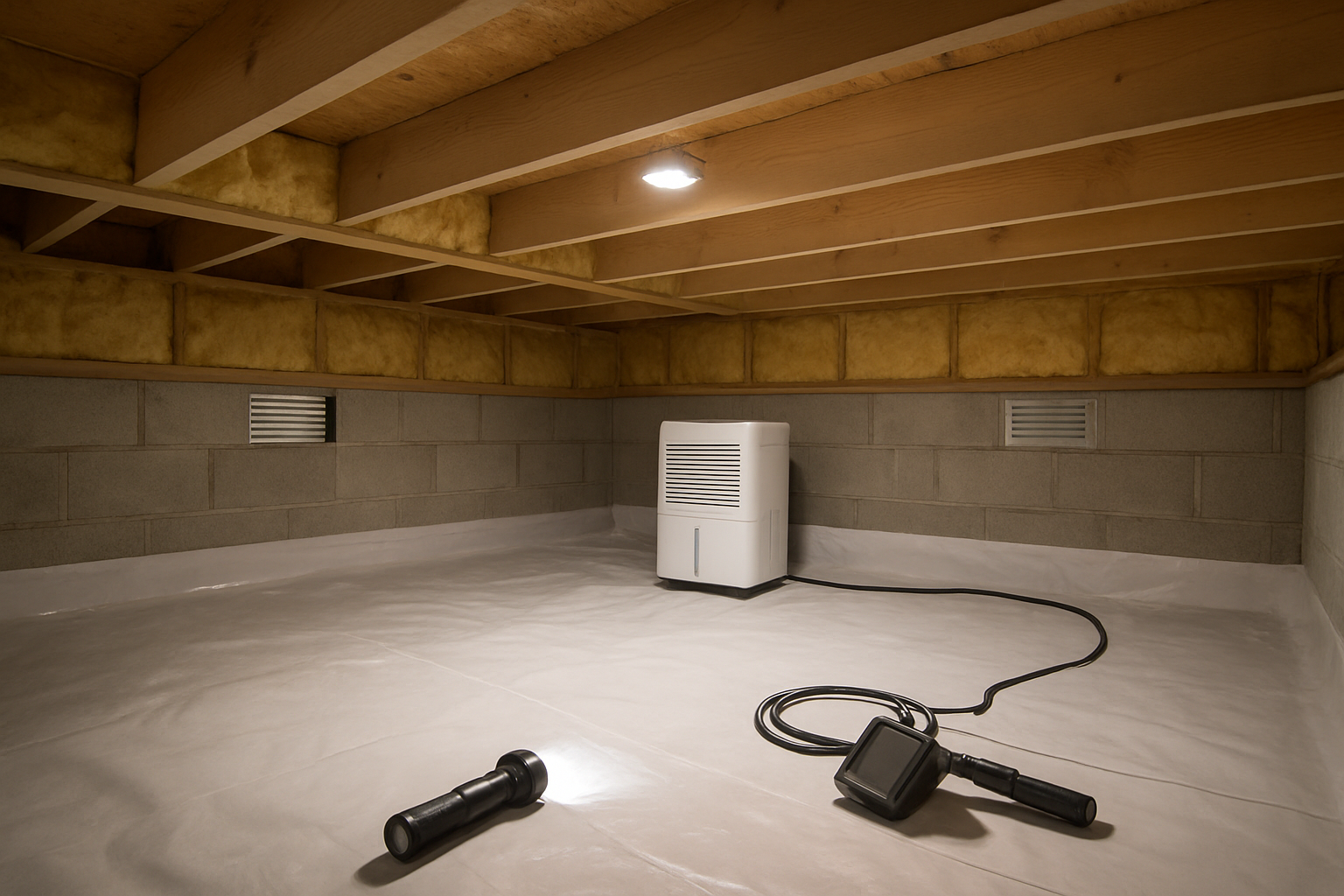Create a realistic image of a clean, well-maintained crawl space interior showing proper waterproofing maintenance, featuring a white plastic vapor barrier covering the ground, intact insulation on walls, a functioning dehumidifier in the corner, proper ventilation vents, dry wooden floor joists overhead, and good LED lighting illuminating the space, with tools like a flashlight and inspection equipment nearby suggesting regular maintenance checks, all in a dry, moisture-free environment with concrete foundation walls, absolutely NO text should be in the scene.
