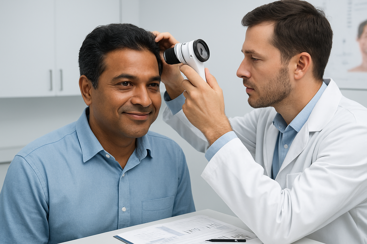 Create a realistic image of a middle-aged Indian male patient sitting in a modern medical clinic consultation room, showing his scalp with well-healed hair transplant results after 6-9 months, displaying natural-looking hair growth with good density, while a medical professional in white coat examines the results using a magnifying device, with clinical charts and hair growth timeline documentation visible on a desk, bright clinical lighting, professional medical environment with clean white walls and modern equipment, patient appearing satisfied and confident. Absolutely NO text should be in the scene.