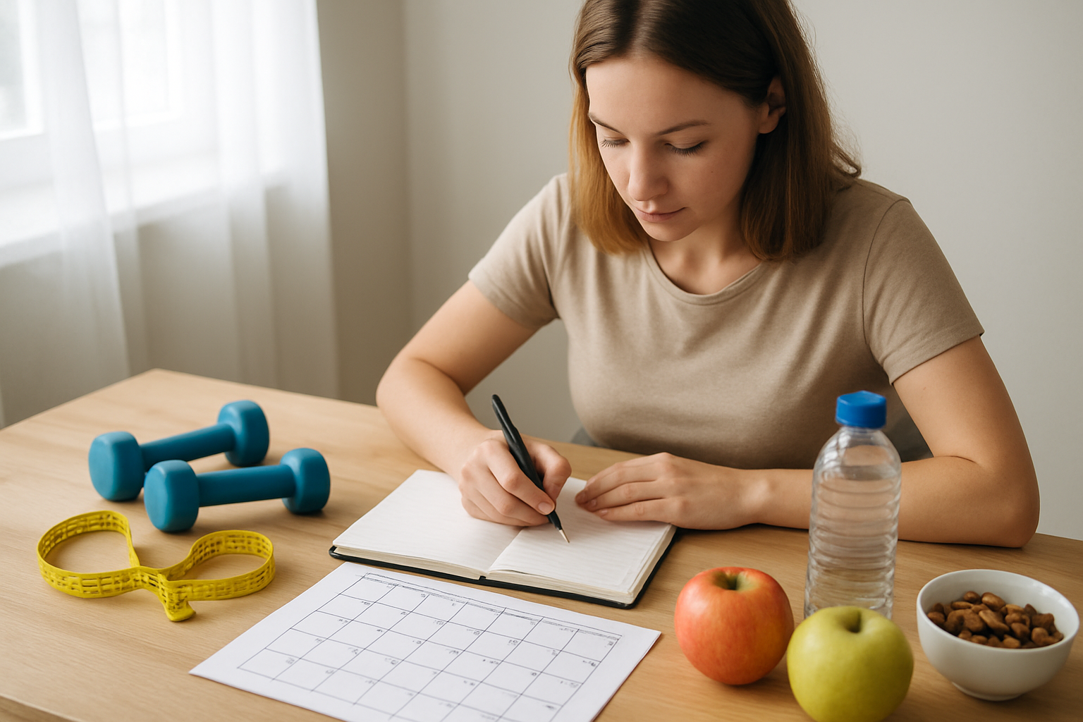 Create a realistic image of a white female sitting at a clean wooden desk writing in a notebook with a pen, surrounded by fitness and health planning materials including a calendar, measuring tape, small dumbbells, a water bottle, and healthy snacks like apples, with soft natural lighting from a nearby window creating a focused and organized atmosphere for goal planning, shot from a slightly elevated angle to show the workspace clearly, absolutely NO text should be in the scene.
