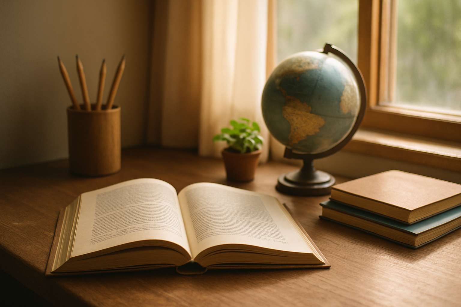 Create a realistic image of a peaceful study scene with an open book on a wooden desk, surrounded by educational items like pencils, a globe, and notebooks, with soft natural lighting streaming through a window, creating a warm and inspiring atmosphere for learning and personal development, with a small potted plant adding life to the scene. Absolutely NO text should be in the scene.
