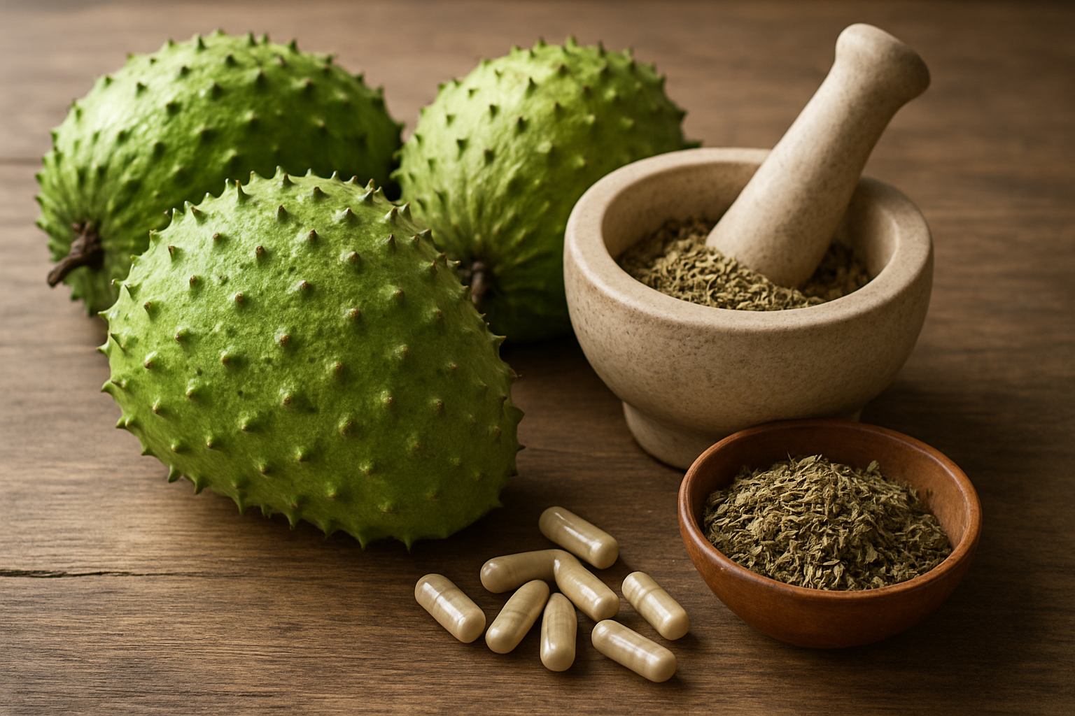 Create a realistic image of fresh soursop fruits with their distinctive green spiky exterior alongside traditional herbal medicine elements like mortar and pestle, dried herbs, and modern health supplements in capsule form, arranged on a natural wooden surface with soft natural lighting, creating a harmonious blend that represents both traditional and contemporary wellness approaches, absolutely NO text should be in the scene.