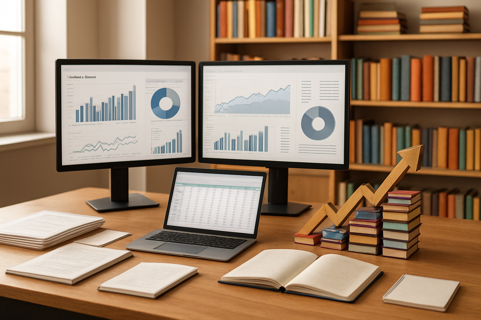 Create a realistic image of a modern office desk setup with multiple computer monitors displaying publishing dashboards and analytics charts, stacks of colorful books arranged neatly on shelves in the background, a sleek laptop open showing spreadsheet data, scattered printed manuscripts and notebooks, a growth arrow graphic made of small books pointing upward on the desk, warm natural lighting from a nearby window, professional and organized atmosphere suggesting business efficiency and scalability, absolutely NO text should be in the scene.