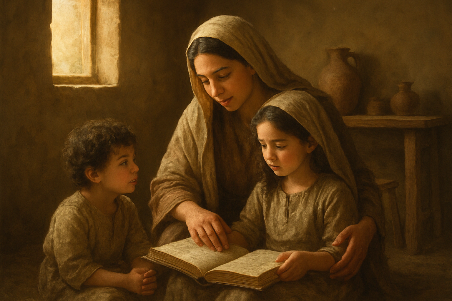 Create a realistic image of a warm, nurturing scene showing a middle-eastern female mother in biblical-era clothing gently teaching and caring for her children in an ancient home setting, with soft natural lighting streaming through a window, clay pottery and simple wooden furniture in the background, depicting tender moments of guidance, protection, and love, with earth-tone colors creating a peaceful, sacred atmosphere that reflects maternal devotion and spiritual instruction, absolutely NO text should be in the scene.