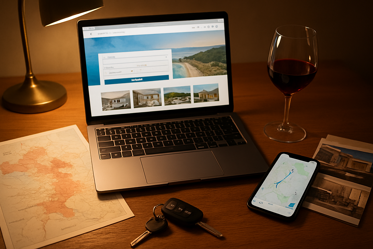 Create a realistic image of a modern laptop computer open on a wooden desk showing a booking website interface, with a smartphone displaying a transportation app nearby, a glass of red wine, a printed map of wine regions, car keys, and hotel brochures scattered around the workspace, warm ambient lighting from a desk lamp creating a cozy planning atmosphere, absolutely NO text should be in the scene.