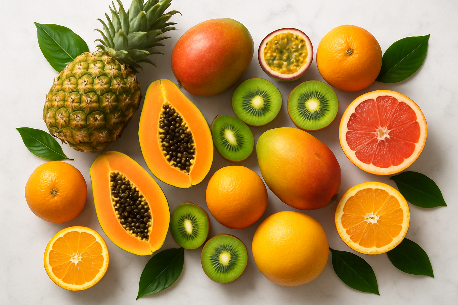 Create a realistic image of a vibrant collection of fresh tropical fruits including mangoes, pineapples, papayas, kiwis, passion fruits, and citrus fruits like oranges and grapefruits artfully arranged on a clean white marble surface, with some fruits cut in half to show their colorful flesh, surrounded by scattered tropical green leaves, bright natural lighting from above creating soft shadows, warm and inviting atmosphere suggesting health and vitality, absolutely NO text should be in the scene.