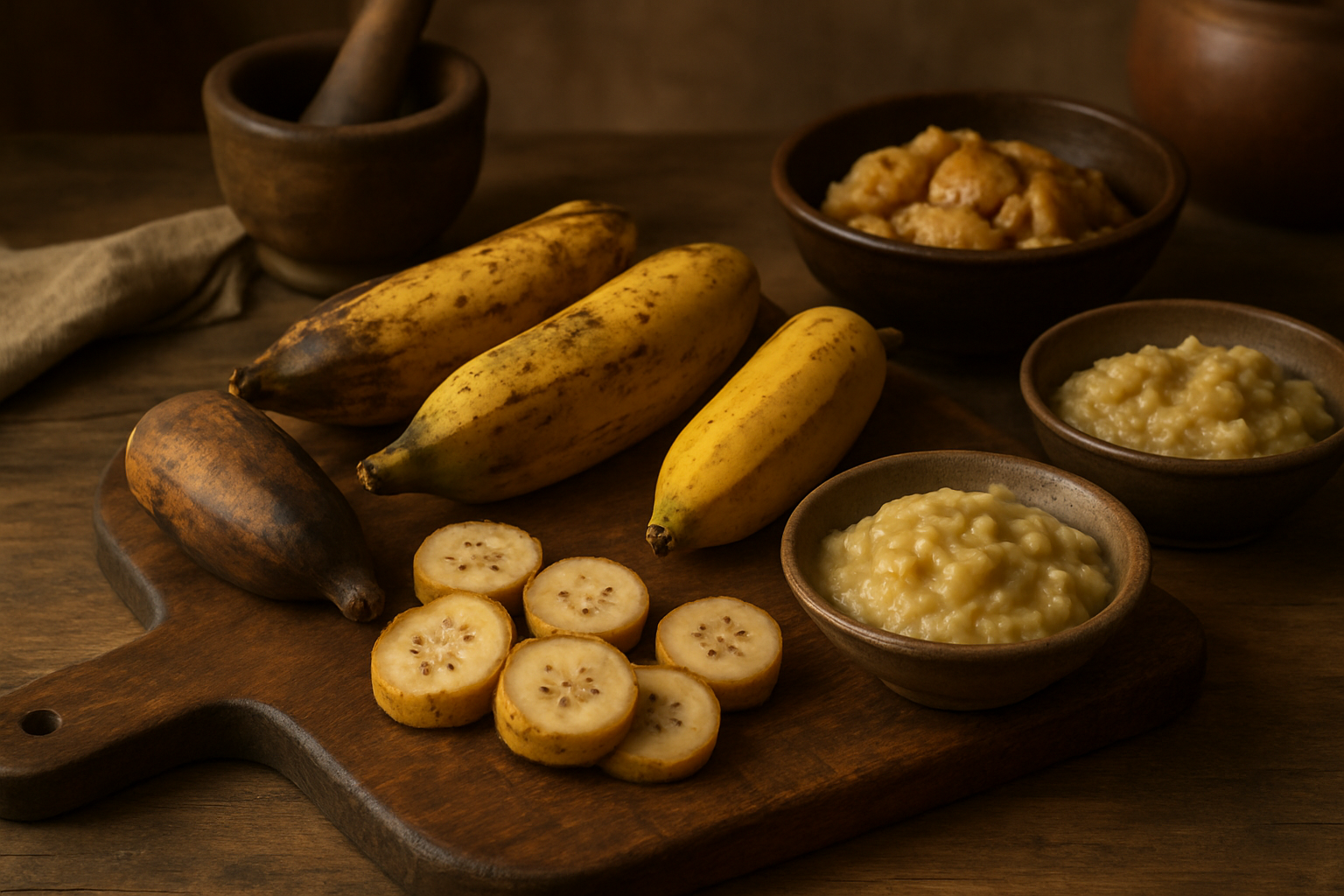 Create a realistic image of wild bananas in various stages of ripeness displayed on a rustic wooden cutting board, with some whole wild bananas showing their smaller size and different colors compared to commercial bananas, alongside sliced wild bananas revealing their seedy interior and unique flesh texture, accompanied by traditional cooking utensils and small bowls containing wild banana preparations like mashed pulp and cooked pieces, set against a natural kitchen background with warm, soft lighting that highlights the distinctive characteristics and culinary potential of these wild fruits, absolutely NO text should be in the scene.