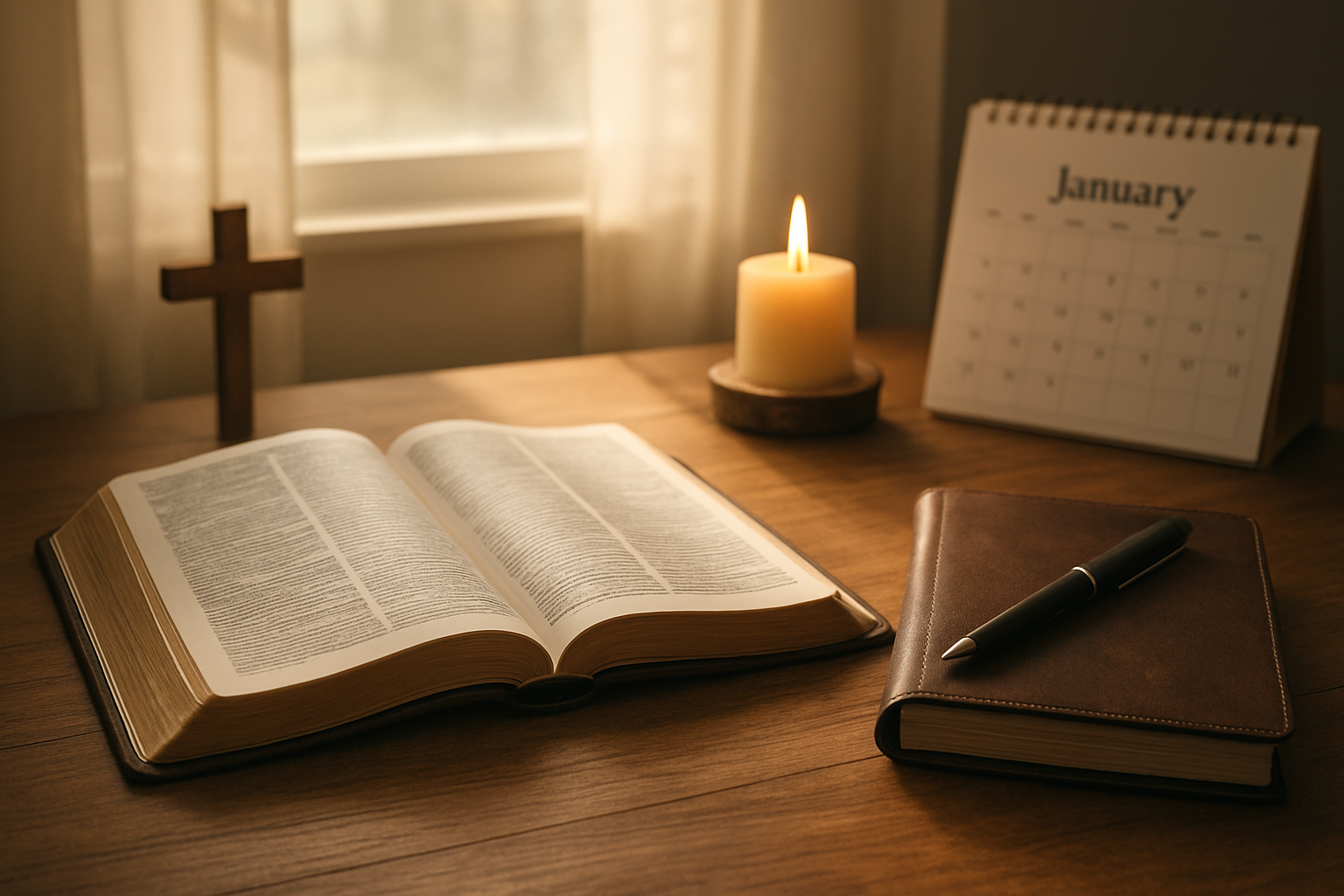 Create a realistic image of an open Bible with a leather-bound journal and pen placed beside it on a wooden desk, surrounded by soft morning sunlight streaming through a window, with a small wooden cross, a lit candle, and a calendar showing January in the background, creating a peaceful and contemplative atmosphere for prayer and reflection. Absolutely NO text should be in the scene.