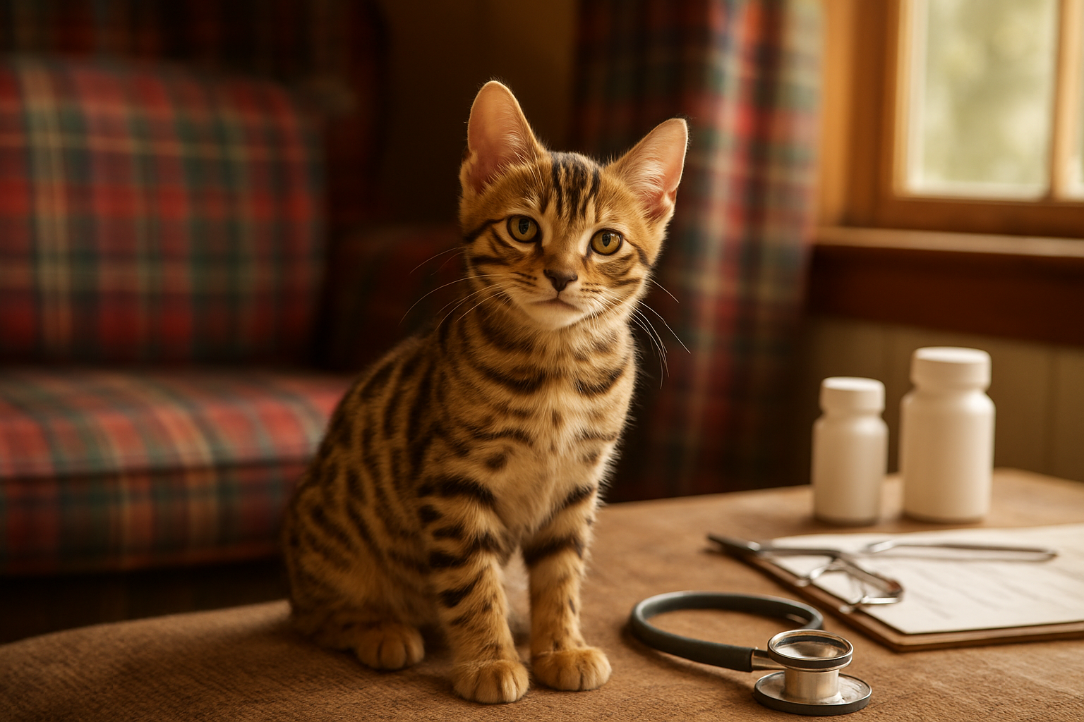 Create a realistic image of a beautiful Bengal kitten with distinctive spotted markings sitting contentedly in a cozy Scottish home setting, with traditional tartan fabric visible on furniture in the background, warm natural lighting streaming through a window, veterinary documentation and care items subtly placed on a nearby table, creating a welcoming and well-prepared environment that conveys responsible pet ownership and the successful integration of a Bengal cat into a loving Scottish household, with soft focus on background elements to emphasize the kitten as the main subject, absolutely NO text should be in the scene.