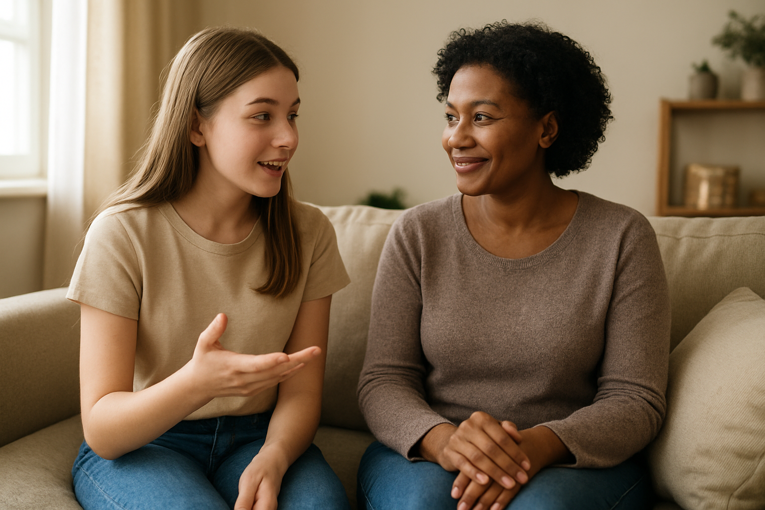 Create a realistic image of a young white female teenager and her black female mother sitting comfortably on a living room sofa, engaged in warm conversation with the daughter speaking expressively using hand gestures while maintaining eye contact, the mother listening attentively with a supportive smile, soft natural lighting from a nearby window illuminating their faces, cozy home environment with warm neutral tones in the background, both appearing relaxed and connected in their communication, absolutely NO text should be in the scene.
