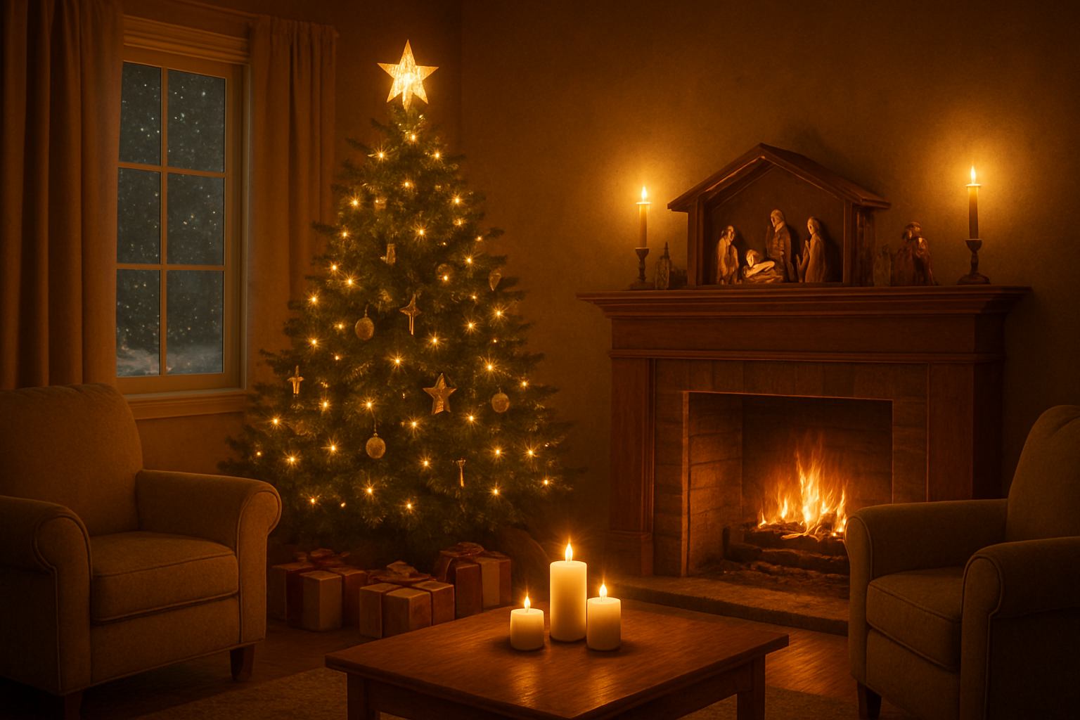 Create a realistic image of a warm, inviting living room scene during Christmas with a beautifully decorated Christmas tree as the centerpiece, topped with a glowing star and adorned with simple ornaments including small crosses, angels, and warm white lights, a wooden nativity scene prominently displayed on a mantelpiece above a fireplace with gentle flames, wrapped gifts beneath the tree with simple, elegant wrapping in gold and deep red colors, soft candlelight creating a peaceful ambiance throughout the room, comfortable furniture arranged to encourage gathering, and through a window showing a gentle snowfall outside, all conveying a sense of reverence, family togetherness, and spiritual celebration, with warm golden lighting that creates a serene and holy atmosphere, absolutely NO text should be in the scene.