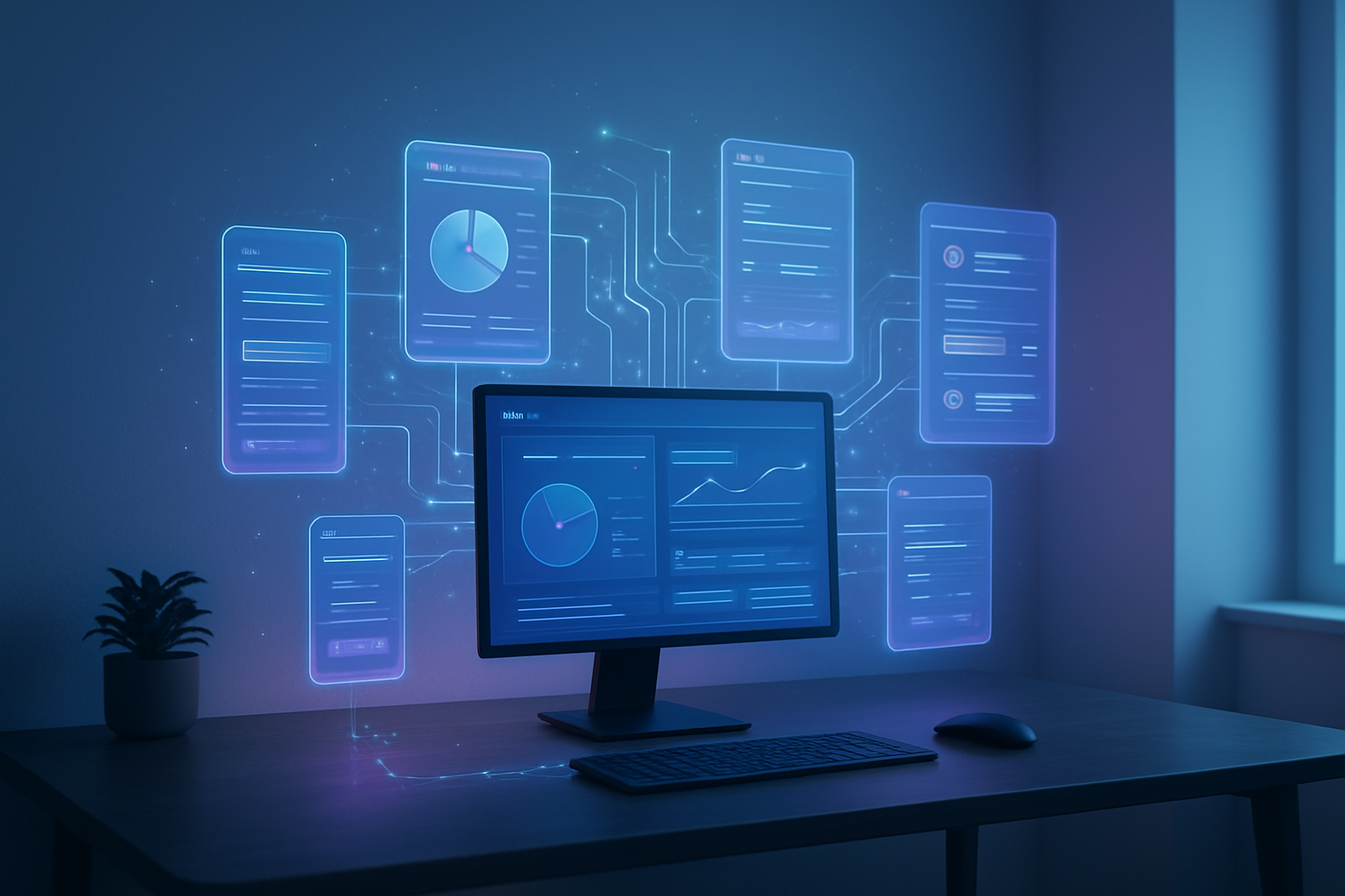 Create a realistic image of a modern digital workspace showing multiple interconnected UI components floating holographically above a sleek desktop setup, with glowing circuit-like connections linking different interface elements including mobile app screens, web dashboards, and desktop applications, set against a clean minimalist office background with soft blue and purple ambient lighting, featuring a subtle network of data flows visualized as luminous particles moving between the UI elements, conveying innovation and technological advancement in a professional atmosphere, absolutely NO text should be in the scene.