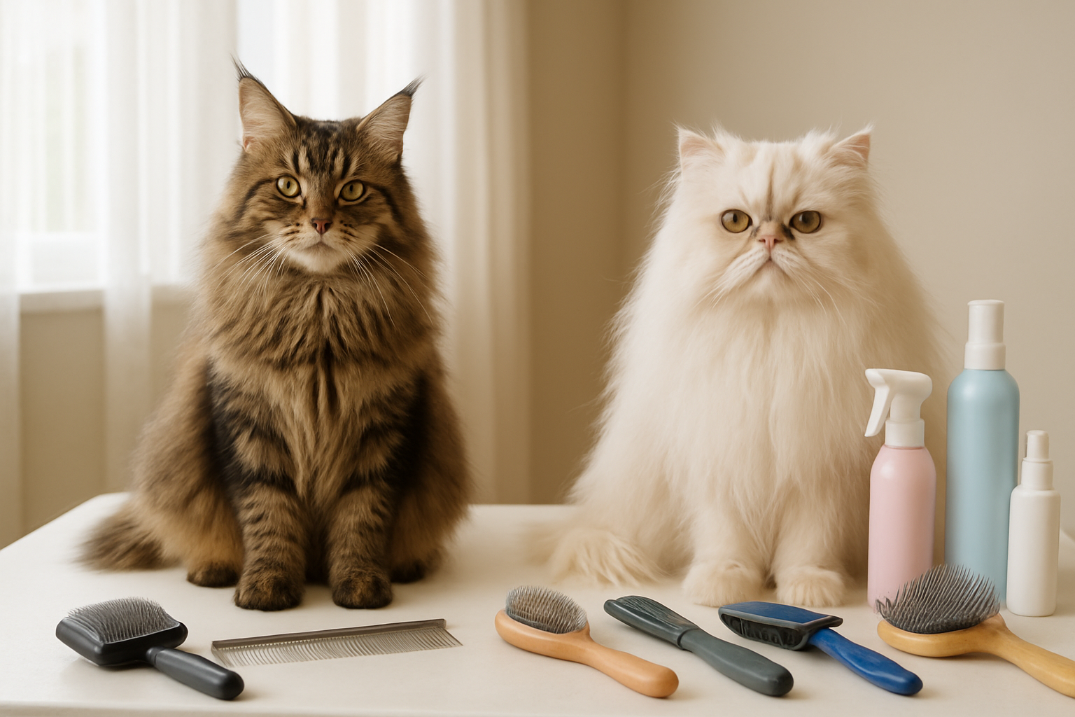 Create a realistic image of a split scene showing grooming requirements comparison between a Maine Coon cat and a Persian cat, with a Maine Coon cat with long fluffy fur on the left side next to professional grooming tools including a slicker brush, metal comb, and nail clippers, and a Persian cat with extremely long silky coat on the right side surrounded by more intensive grooming supplies including multiple brushes, de-matting tools, and grooming spray bottles, both cats sitting on a clean white grooming table with soft natural lighting from a window, peaceful indoor setting that emphasizes the daily grooming commitment required for each breed, absolutely NO text should be in the scene.