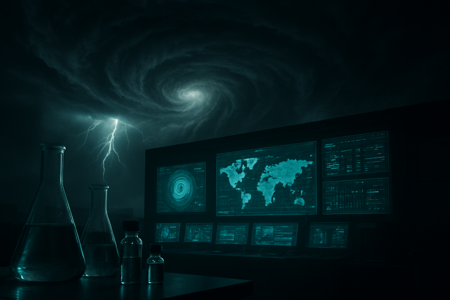 Create a realistic image of a dark, ominous storm system with swirling hurricane clouds dominating the sky, beneath which a modern military command center sits partially hidden in shadows, featuring large digital screens displaying weather data and world maps, with pharmaceutical laboratory equipment including glass beakers and medical vials subtly integrated into the foreground, all illuminated by an eerie blue-green glow from the screens and occasional lightning flashes, creating a tense and secretive atmosphere that suggests covert operations and hidden agendas, with the overall mood being foreboding and mysterious. Absolutely NO text should be in the scene.