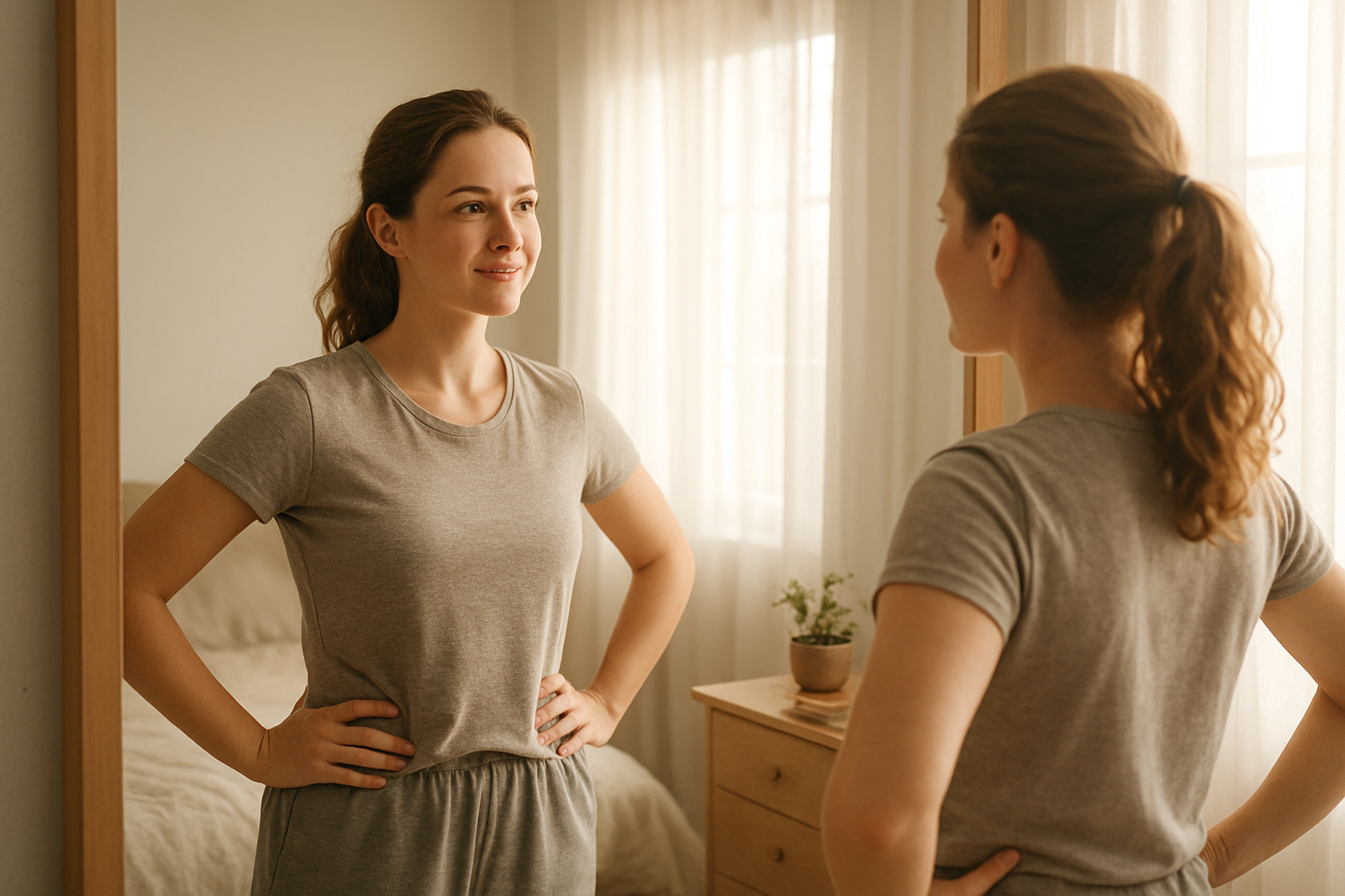 Create a realistic image of a young white female standing confidently in front of a mirror, looking at her reflection with a gentle smile and determined expression, wearing casual comfortable clothing, in a bright sunlit bedroom with soft natural lighting streaming through sheer curtains, with personal items like books, a journal, and a small potted plant visible on a nearby dresser, conveying self-discovery and personal growth, warm and hopeful atmosphere, absolutely NO text should be in the scene.