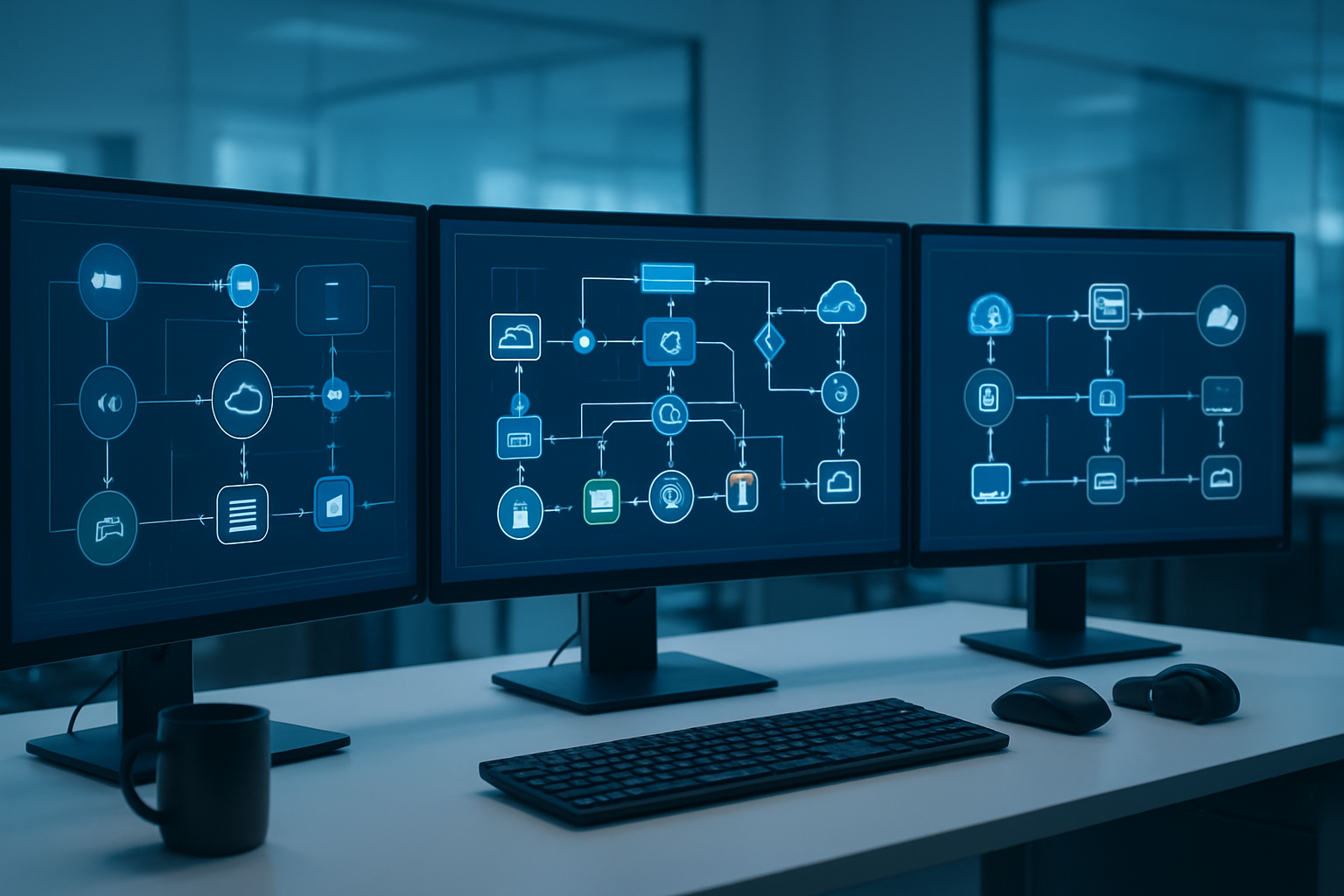 Create a realistic image of a modern software development workspace showing multiple connected computer monitors displaying complex CI/CD pipeline diagrams with interconnected nodes, arrows, and deployment stages, featuring cloud infrastructure icons, code repositories, and automated workflow visualizations in a clean tech office environment with soft blue lighting, showing integration between various development tools and platforms on sleek displays, absolutely NO text should be in the scene.