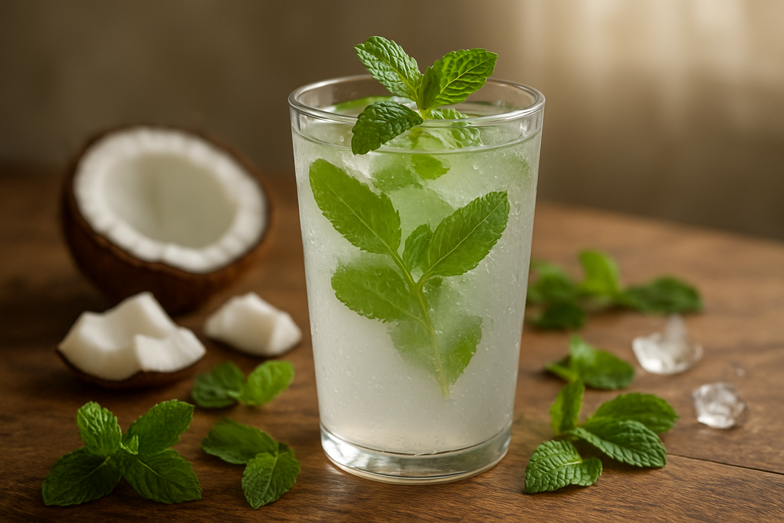 Create a realistic image of a tall glass filled with coconut water and fresh mint leaves, garnished with a sprig of mint on top, sitting on a wooden table with scattered fresh mint leaves around the base, coconut pieces and ice cubes visible in the background, soft natural lighting streaming from the side creating a refreshing summer atmosphere, with water droplets on the outside of the glass indicating coldness, absolutely NO text should be in the scene.