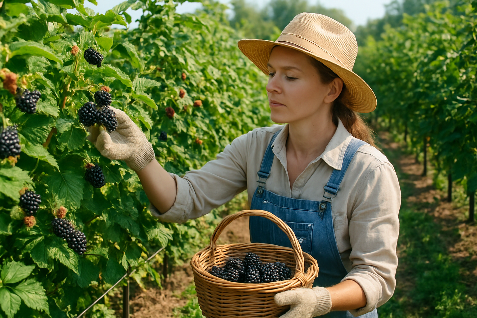 Create a realistic image of a flourishing marionberry garden with mature canes heavy with ripe dark purple marionberries, showing a white female farmer in work clothes and gloves carefully harvesting the berries into a wicker basket, with organized rows of trellised berry plants stretching into the background under bright natural sunlight, displaying healthy green foliage and various stages of berry ripeness from green to deep purple, absolutely NO text should be in the scene.