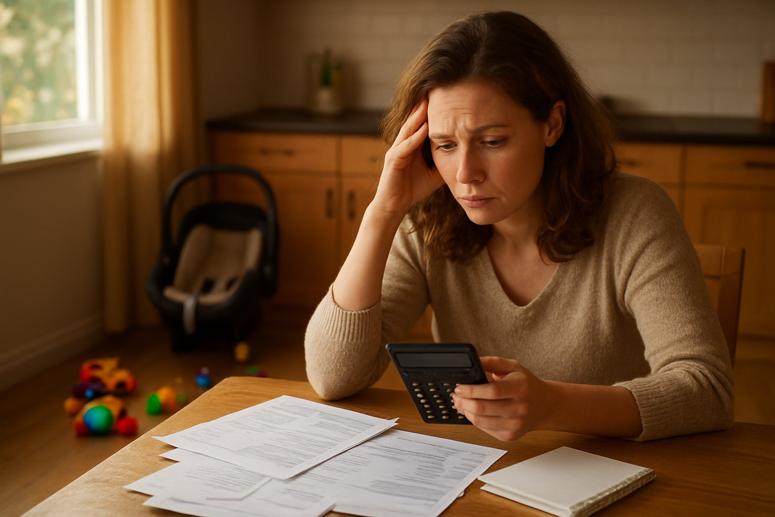 Create a realistic image of a white female mother in her 30s sitting at a kitchen table with bills, bank statements, and financial documents spread out in front of her, looking concerned while holding a calculator, with children's toys scattered on the floor nearby, a baby carrier visible in the background, warm natural lighting streaming through a window, creating a contemplative and slightly stressed atmosphere that conveys the weight of financial decisions related to childcare, absolutely NO text should be in the scene.