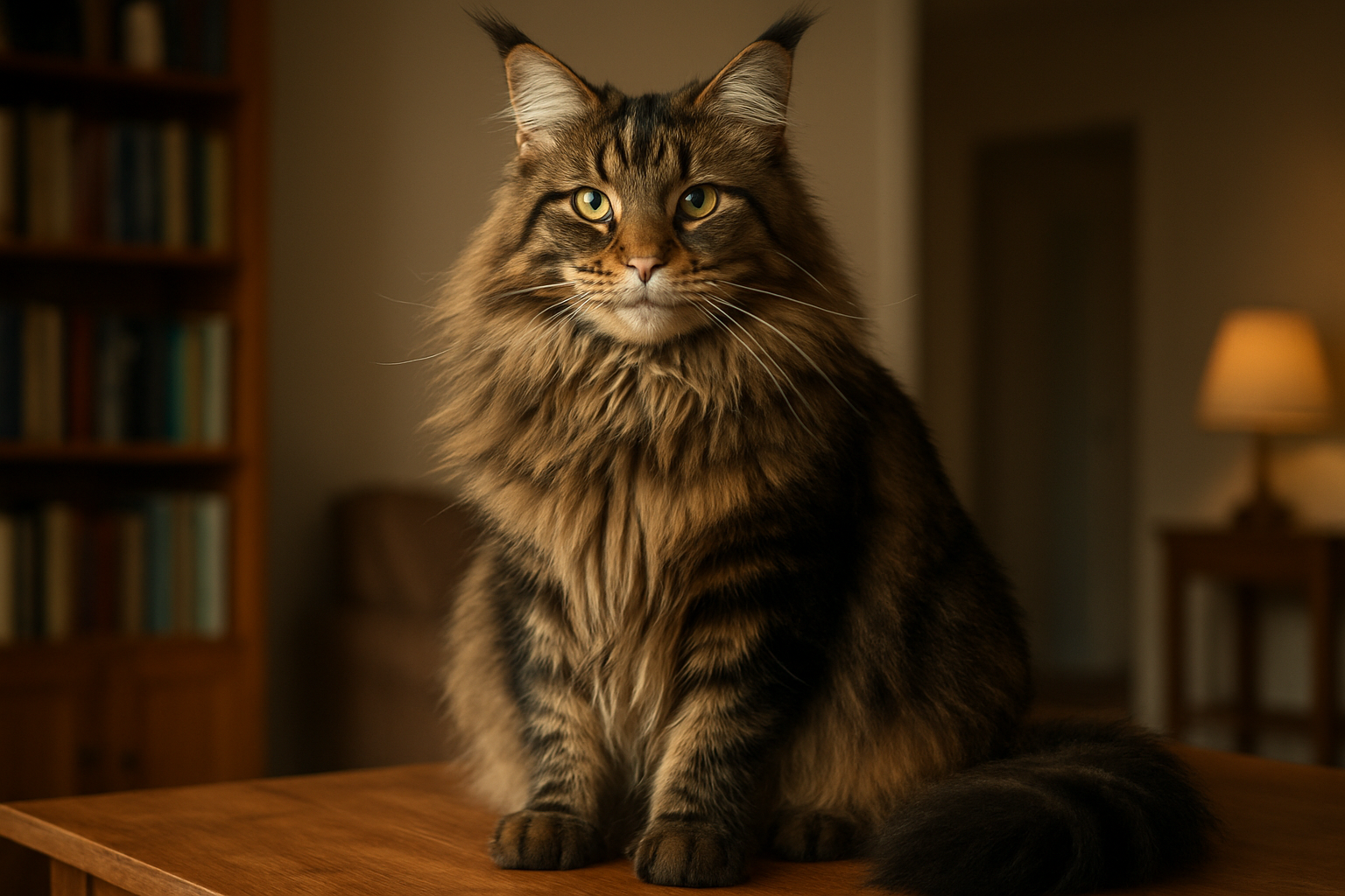 Create a realistic image of a massive Maine Coon cat with long fluffy fur in brown and black tabby patterns, sitting regally on a wooden surface with a playful, slightly mischievous expression, bright intelligent eyes looking directly at the camera, showcasing the cat's enormous size compared to surrounding household items like books or furniture, warm indoor lighting creating a cozy atmosphere, soft focus background of an Australian home interior, the cat's impressive fluffy tail curled around its body, emphasizing the breed's characteristic large ear tufts and lynx-like facial features, absolutely NO text should be in the scene.