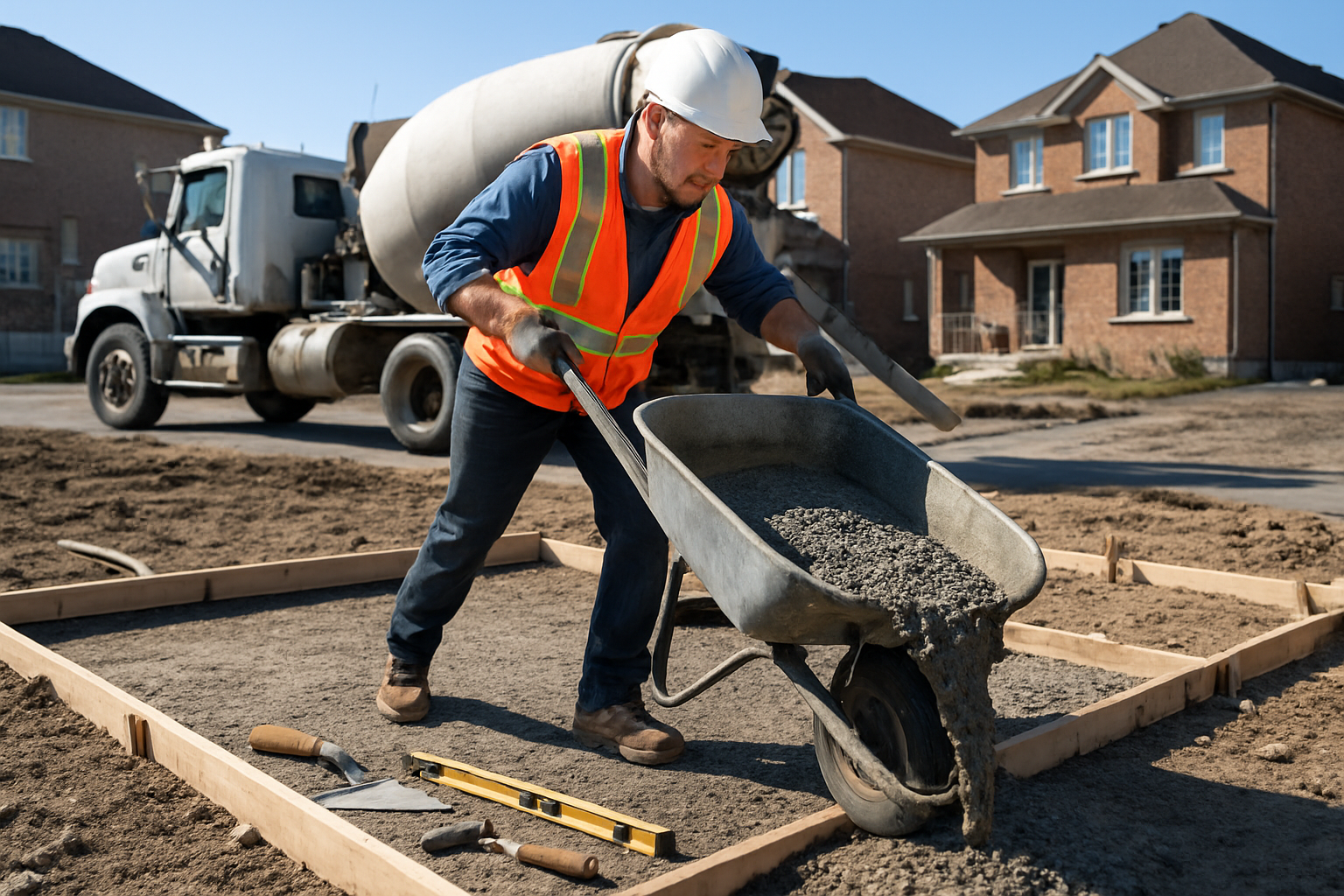 Create a realistic image of a residential concrete project in progress showing a white male construction worker in safety gear pouring fresh concrete from a wheelbarrow onto a prepared foundation area, with construction tools like trowels and levels scattered nearby, a concrete mixer truck visible in the background, wooden forms outlining the project perimeter, a suburban Markham neighborhood setting with houses visible in the distance, bright daylight with clear shadows, and an active work site atmosphere. Absolutely NO text should be in the scene.