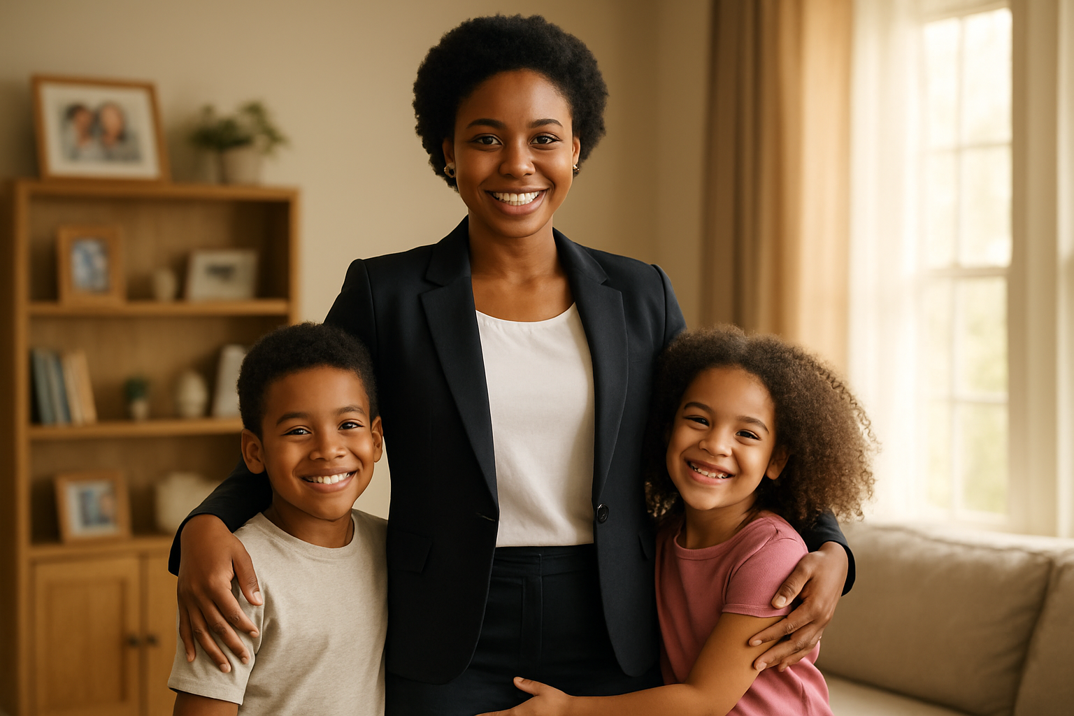 Create a realistic image of a confident Black female single mother in her early 30s standing proudly with her two children (a young boy and girl of mixed race) in a warm, sunlit living room, with the mother wearing professional attire suggesting work-life balance, children smiling and embracing her, background showing a cozy home environment with family photos on shelves, soft natural lighting streaming through windows creating an uplifting and celebratory atmosphere, conveying strength, love, and achievement, absolutely NO text should be in the scene.