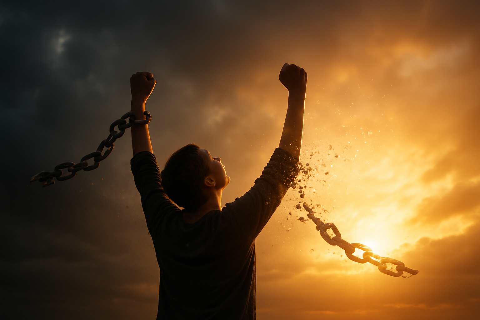 Create a realistic image of a person breaking free from heavy metal chains that are dissolving into light particles, with the individual's arms raised upward in a gesture of liberation, set against a dramatic sky transitioning from dark storm clouds to bright sunlight, symbolizing the triumph of inner freedom over external constraints, with warm golden light illuminating the scene and creating a sense of hope and empowerment, absolutely NO text should be in the scene.