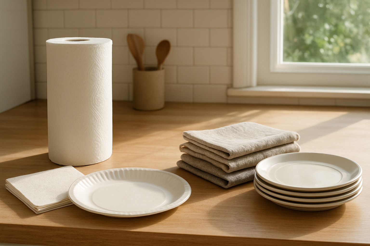 Create a realistic image of a kitchen counter displaying a side-by-side comparison of single-use paper products on the left (paper towels, paper napkins, disposable plates) and their reusable alternatives on the right (cloth towels, fabric napkins, ceramic plates), with natural sunlight streaming through a window creating a clean, organized, and eco-friendly atmosphere. Absolutely NO text should be in the scene.