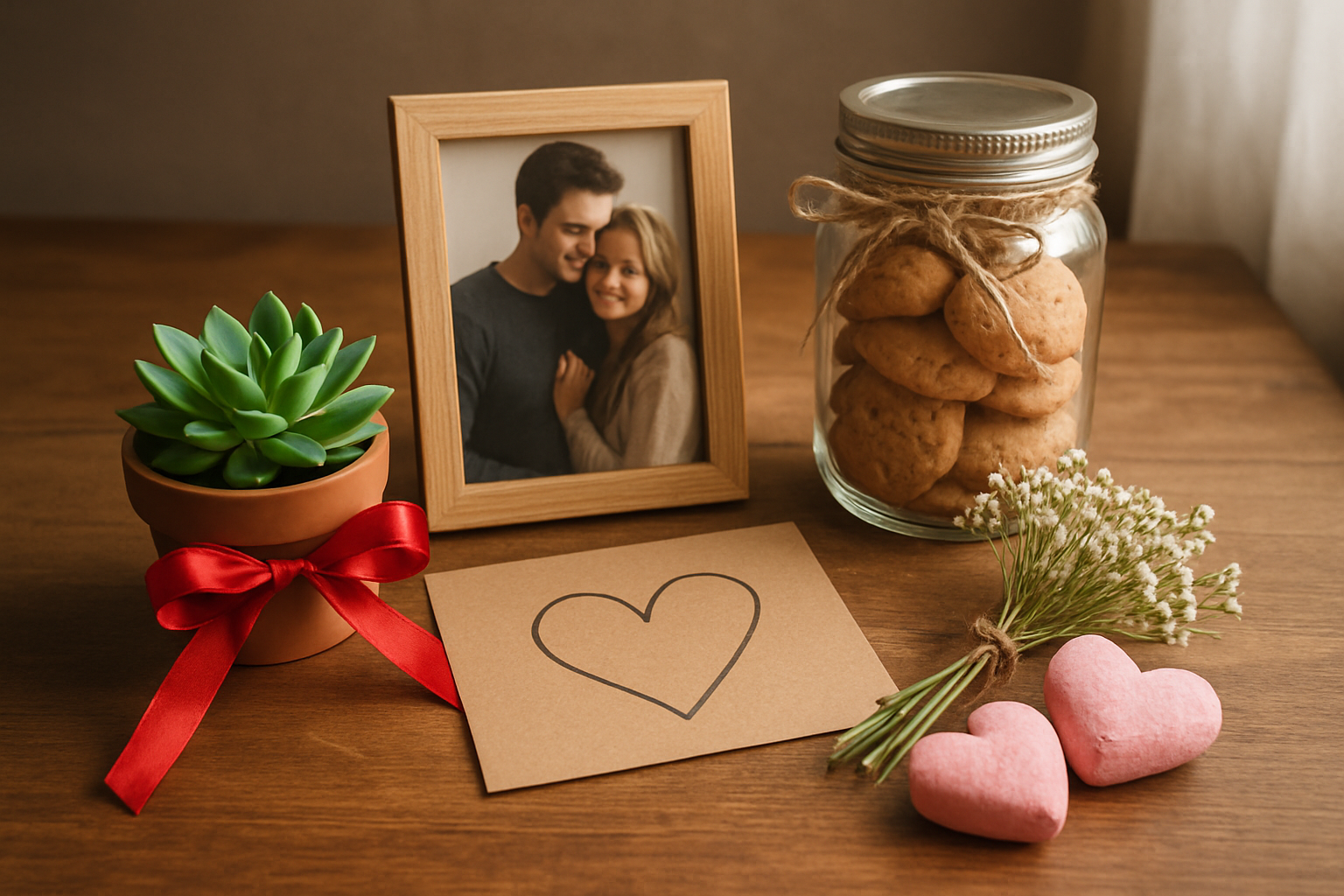 Create a realistic image of a collection of thoughtful, budget-friendly Valentine's Day gifts arranged on a wooden table, including handmade items like a small potted succulent with a red ribbon, homemade cookies in a clear jar tied with twine, a handwritten love note on craft paper, a small bundle of wildflowers, DIY photo frame with a couple's picture, and heart-shaped bath bombs, with soft natural lighting from a nearby window creating warm shadows, conveying an intimate and caring atmosphere that emphasizes thoughtfulness over expense, absolutely NO text should be in the scene.