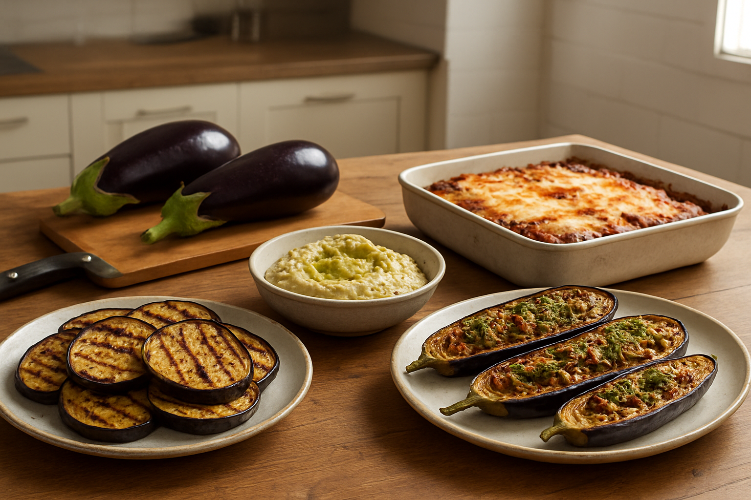 Create a realistic image of various cooked eggplant dishes arranged on a rustic wooden kitchen counter, showing grilled eggplant slices with char marks, a bowl of creamy baba ganoush, stuffed eggplant halves filled with herbs and spices, and eggplant parmesan with melted cheese, alongside fresh raw eggplants, cooking utensils including a knife and cutting board, with warm natural lighting from a nearby window creating soft shadows, and a clean modern kitchen background with neutral tones, absolutely NO text should be in the scene.