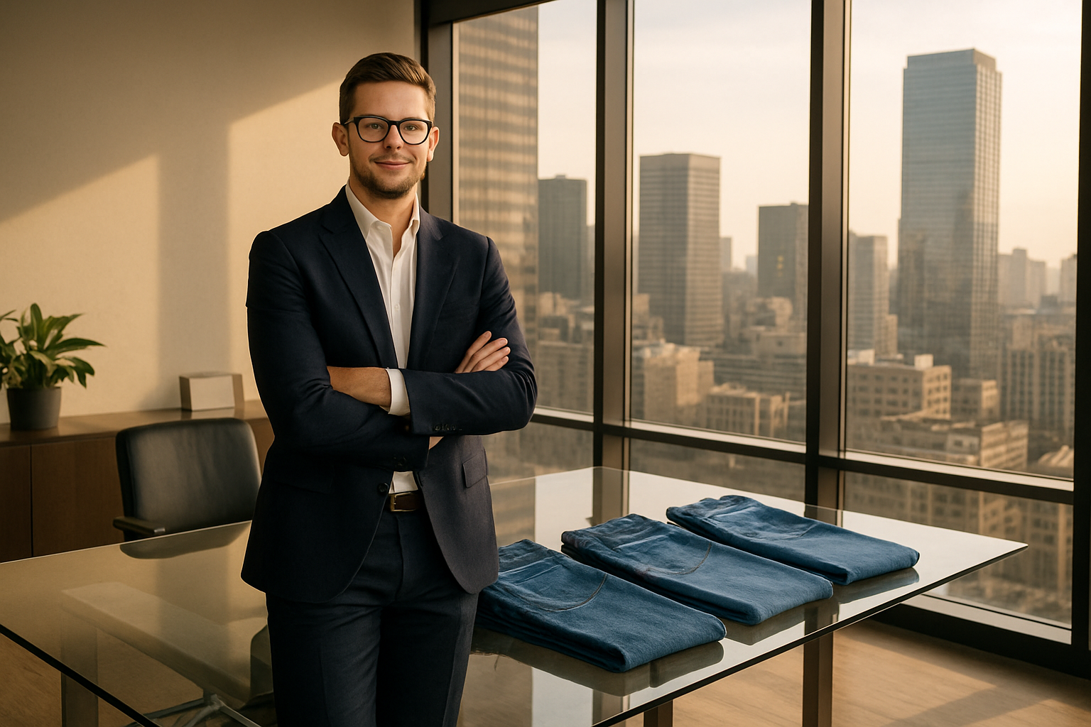 Create a realistic image of a successful white male entrepreneur in a modern office setting standing confidently next to a glass conference table displaying folded premium denim jeans in various washes, with a large window showing city skyline in the background, warm natural lighting creating an atmosphere of achievement and business growth, sleek contemporary furniture and minimal decor suggesting established brand success, absolutely NO text should be in the scene.