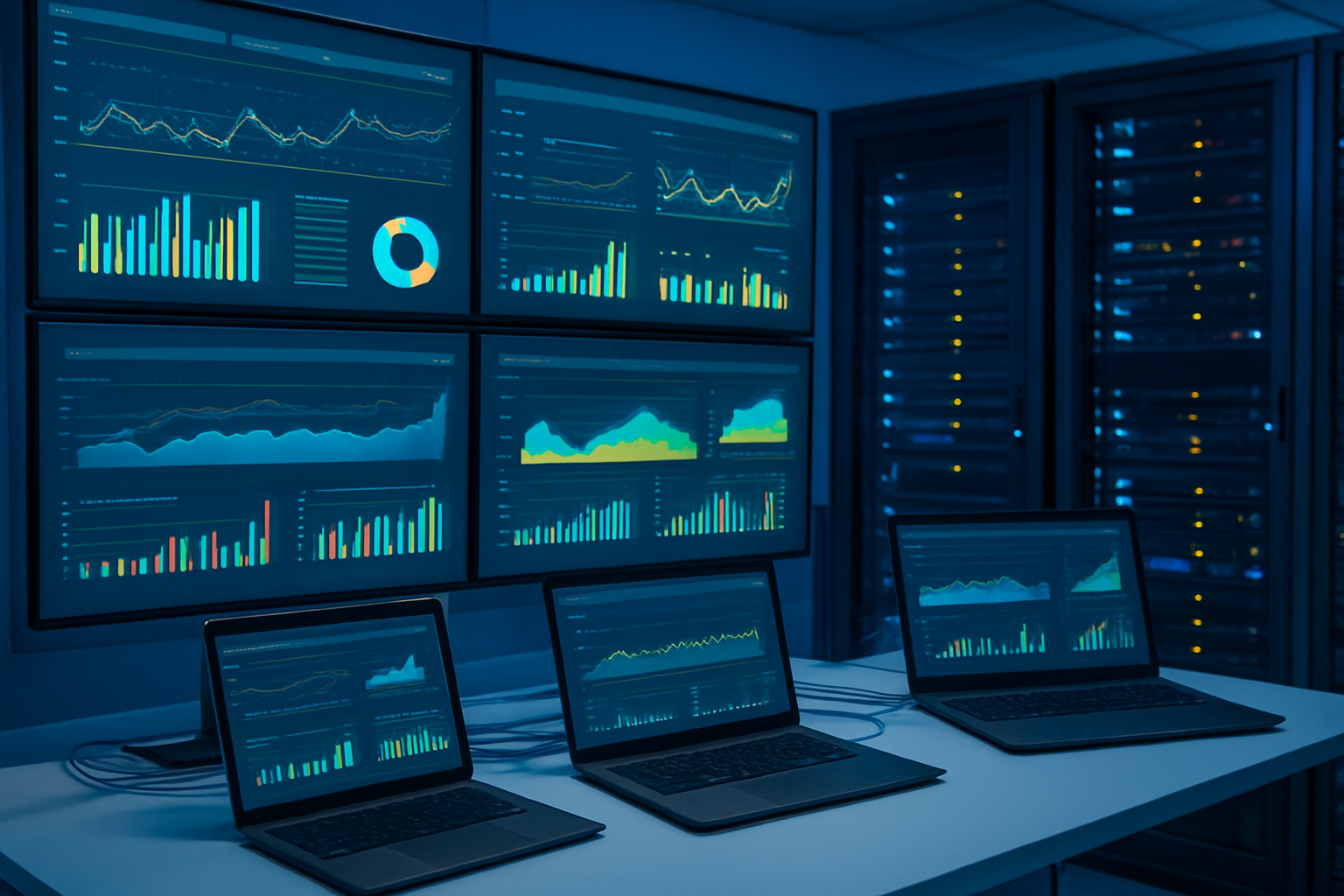 Create a realistic image of a modern IT operations center with multiple large monitors displaying colorful dashboards, graphs, and system metrics, featuring server racks with blinking LED lights in the background, a clean white desk with laptops showing AWS cloud monitoring interfaces, network cables neatly organized, and soft blue ambient lighting creating a professional tech environment, with a focus on the monitoring screens showing uptime statistics and performance charts, absolutely NO text should be in the scene.