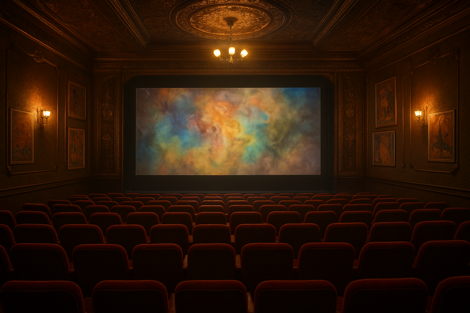 Create a realistic image of a 1970s movie theater interior with vintage red velvet seats and ornate golden decorations, showing a large screen displaying a hazy, psychedelic scene with swirling colors and smoke effects typical of counterculture films, while the theater atmosphere has dim amber lighting and a nostalgic retro ambiance with scattered movie posters from the 60s and 70s era visible on the walls, capturing the essence of underground cinema culture during the hippie movement. Absolutely NO text should be in the scene.