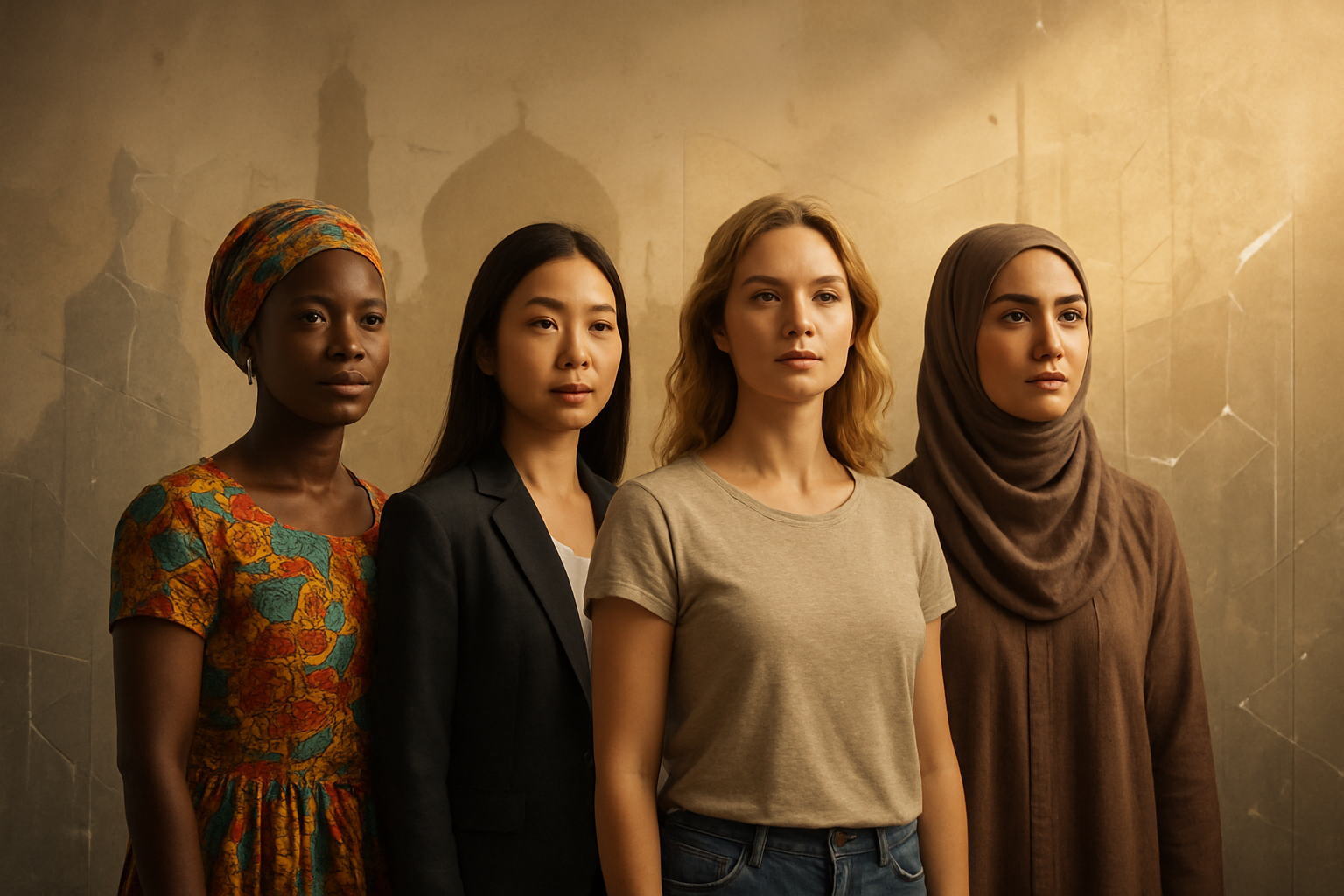 Create a realistic image of diverse women from different cultural backgrounds standing together in a symbolic representation of global unity, featuring a black African woman in traditional colorful dress, an Asian woman in business attire, a white Western woman in casual clothing, and a Middle Eastern woman wearing a hijab, positioned against a backdrop showing subtle elements from various cultures like architectural silhouettes, traditional patterns, and symbolic barriers represented by translucent walls or glass panels that appear to be breaking or dissolving, with warm golden lighting that creates hope and determination in their expressions, absolutely NO text should be in the scene.